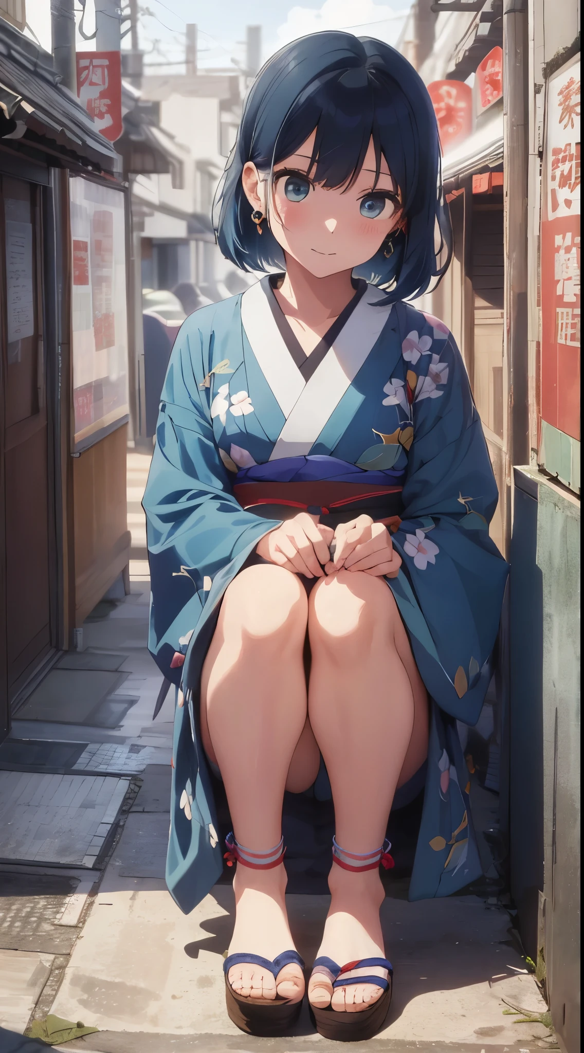 Delicate and masterpiece、beautiful detail、colourfull、finely detail、Detailed lips、intricate detailes、(One woman:1.1)、(Modest and beautiful neat Japan woman:1.1)、(Kimono beauty、jpn)、(How to tie hair:1.1)、(50mm Sigma f / 1.4 ZEISS Lenses、F1.4、1 / 800 sec、ISO 100、a picture:1.1)、tiny chest、(Photorealsitic:1.1)、solo、Blue-haired、short-hair、blue eyess、up looking_in_viewer、Tall lady、、happy smail、from a_front、 Heart Earrings、slim_Legs、skiny、Thigh_the gap、modeled、lensflare、cute little、(Komono、silhuette、Wedge Heel:1.3)、Japanese commentary、Japanese_Street、japanes_ traditional_Duan、Boy 1、Cowgirl、crouching down、、Gonzo、