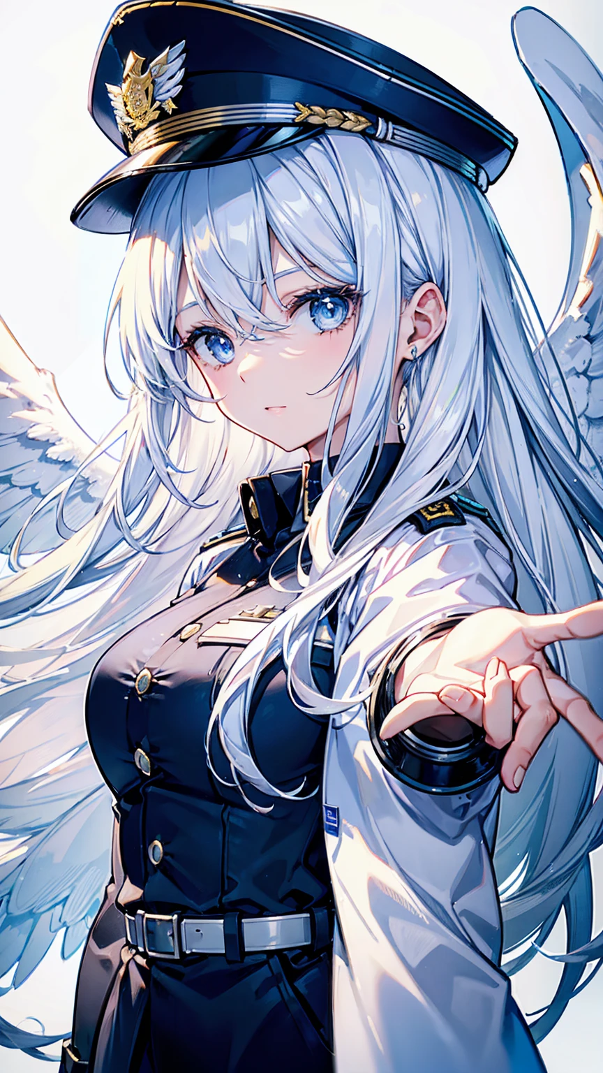 A pretty woman with long white hair and blue eyes、26 years old、Angel wings on the back、Decent face、female police officer、Holding handcuffs
