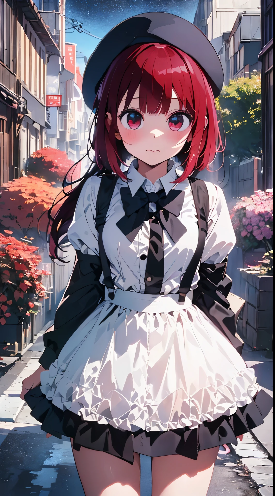 ((top-quality:1.2 +ultra-detailliert:1.1 +hight resolution:1.1)、(perfect anatomia),(Up to detail),(best background),(charactor focus),the Extremely Detailed CG Unity 8K Wallpapers、illustratio、Lens 135mm、masterpiece、top-quality、full bodyesbian、girl with、solo、17 age、Looks like 12 years old、150cm beautiful girl、、12-year-old baby face、red hairs、Gradient bob in the forward、Pink and violet mesh、red eyes、Red eyes、Tall, big eyes、Outstanding looks、A lovely 、shinny skin、Black beret、White long-sleeved shirt、Black Suspender Skirt、Black bow tie、Cute s、cute little、Deadpan、(Nee White Sox:0.8)、(Description:1.2)、Exquisiteface)、white backgrounid、a cute