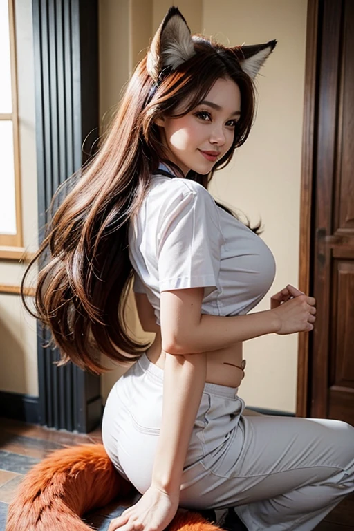 ((highest quality, 32k)), ((masterpiece)), (Familiar), Perfect Face, Fox woman, Beautiful woman, public, Has a tail, She has a fluffy tail, She has a red fox's tail., She wags her tail, smile, bell collar, She is wearing a nurse uniform, Beautiful Hips, Big Breasts, Big tail, A tail sticks out from inside the pants, Turn around on all fours