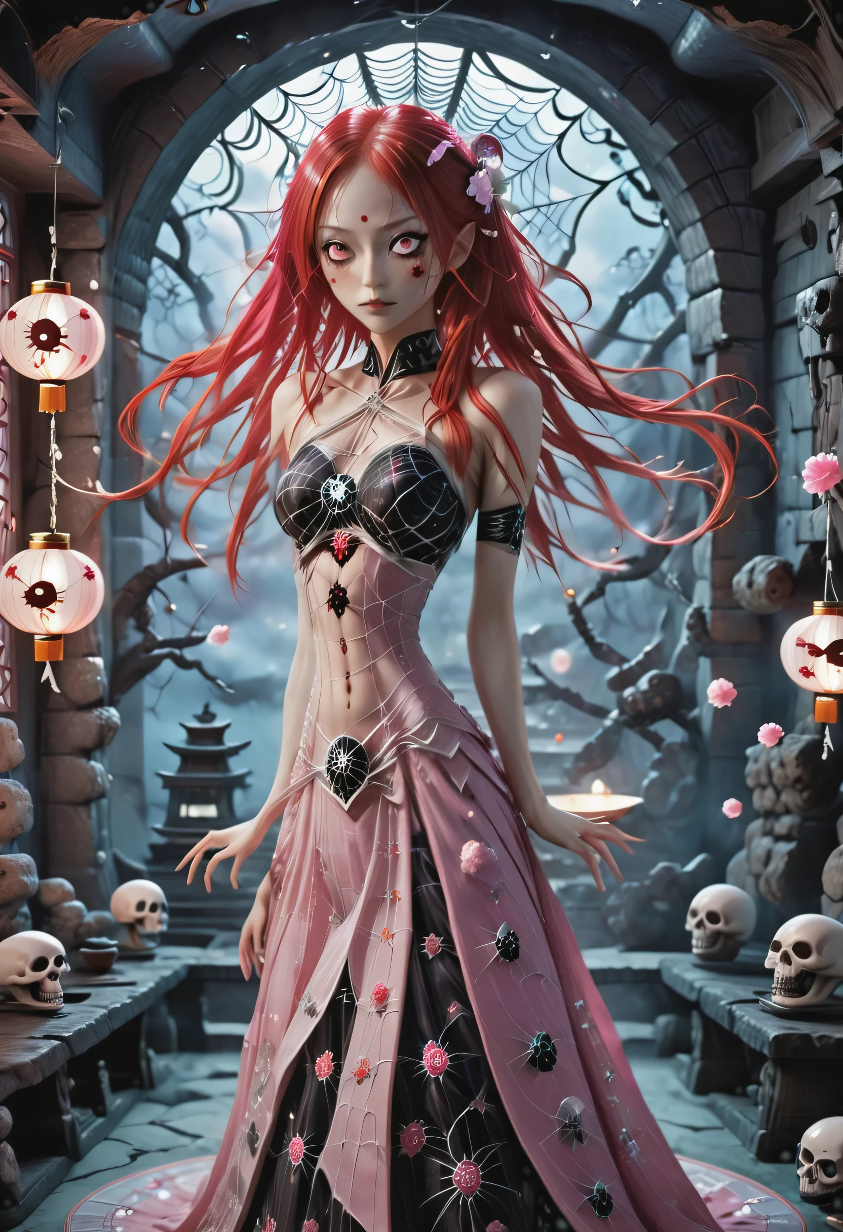 Nami, de One Piece, is a beautiful spider girl with long red hair with anime style. She wears a Japanese style dress.. Spider web embroidery with silver threads that are skulls.In a traditional tea ceremony . Inside a dark mansion illuminated by lanterns in the shape of flies. vela. Pink flowers on plates and whimsically shaped teapots with strange geometry