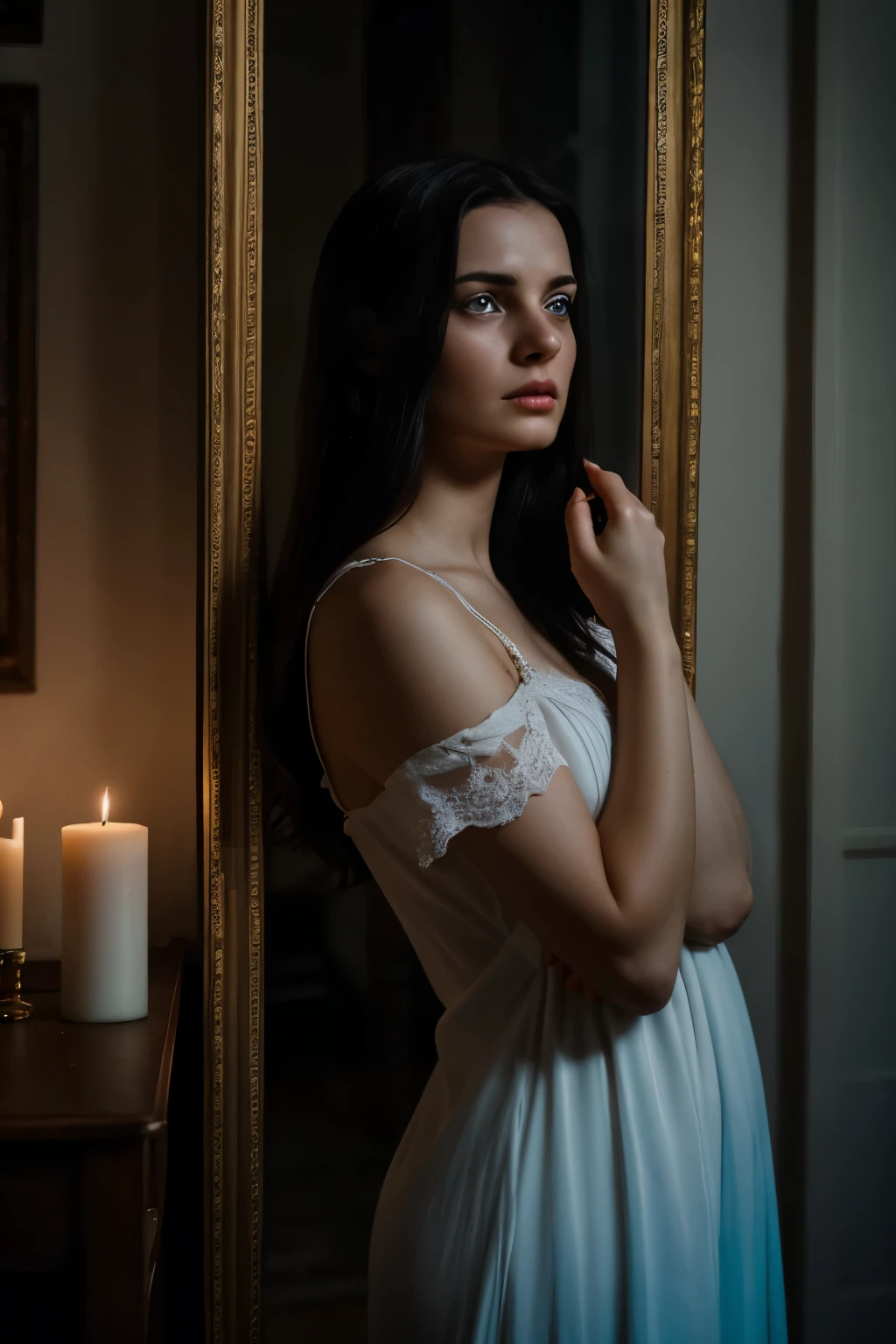 A frightened woman, clad in a nightgown, gazes intently at her reflection in the antique mirror, a flickering candle in her hand. Her long, dark hair cascades down her shoulders, obscuring part of her face. Her icy blue eyes widen with fear, darting around the dimly lit room. She seems lost in thought, her lips parted in a silent scream. This is a 1.5 European woman, late twenties, her face etched with worry lines. SFW, medium shot, photorealistic, Ultra highres, dramatic lighting, black and white. The candle casts an eerie glow on her pale face, illuminating her delicate