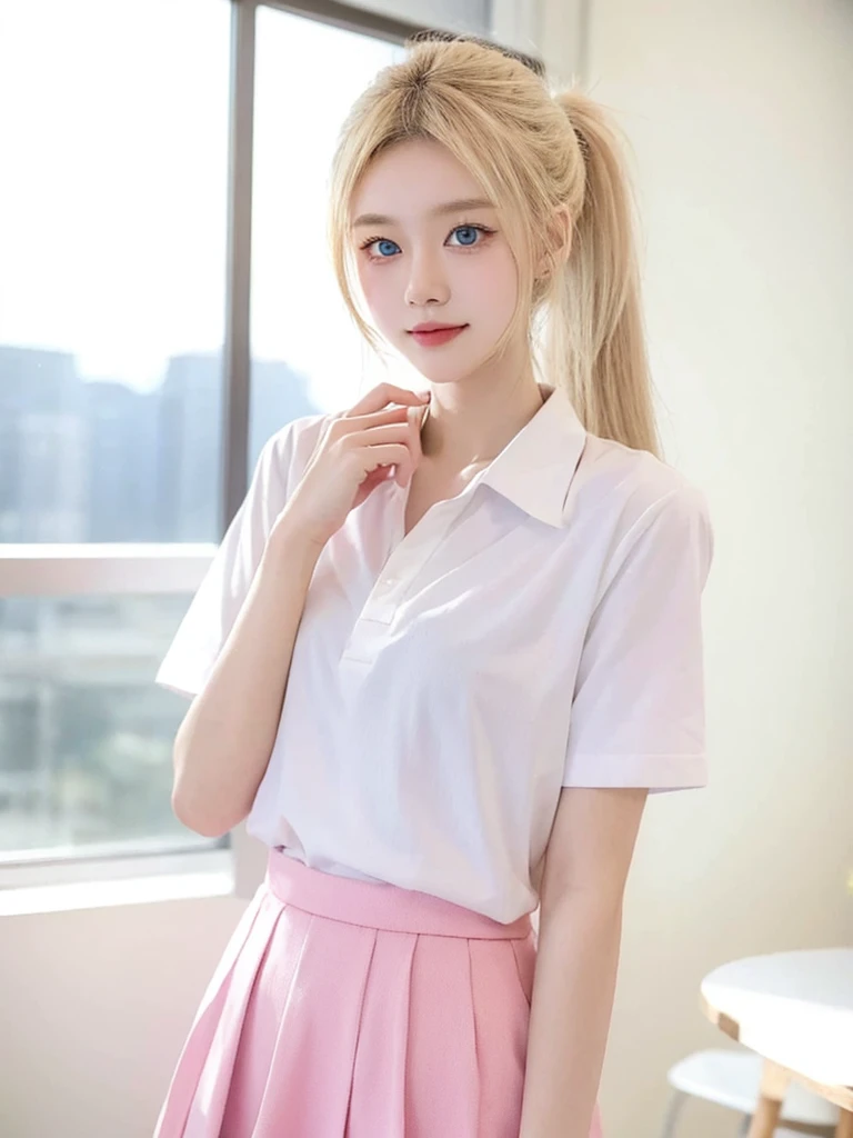 SFW picture, a Japanese high school student, , long blonde hair in a ponytail, blue eyes, , white collared shirt, white button-up shirt, short-sleeved shirt, long pink skirt, smiling sweetly, Standing pose, at sunset view, 4k, ultra hd, ultra detail, full body photos