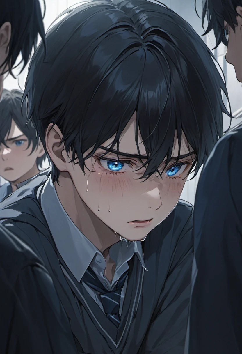 A high school boy with black hair and blue eyes, crying in the corner of the school, surrounded by four menacing men standing in front of him. The boy has detailed facial features, including beautiful eyes and lips. His tears are flowing down his face, adding an emotional touch to the scene. The boy is wearing a school uniform, and his posture is hunched over in a vulnerable position, emphasizing his distress. The corner where he is crying has dim lighting, creating a somber atmosphere. The image quality should be the best, with ultra-detailed and realistic rendering to capture the intensity of the emotions. The color tone should be dark and moody, with a hint of blue to compliment the blue eyes of the protagonist.