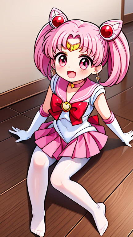 Sailor Moon，young年，Seven years old，cute，（Little ****），Pink hair twintails，short hair，Sailor Suit，Red bow，White elbow gloves，Red Skirt，No shoes，Open your mouth，laughing out loud，Fangs，(White pantyhose),soles of feet，Soles，(young)，(little man)，sit