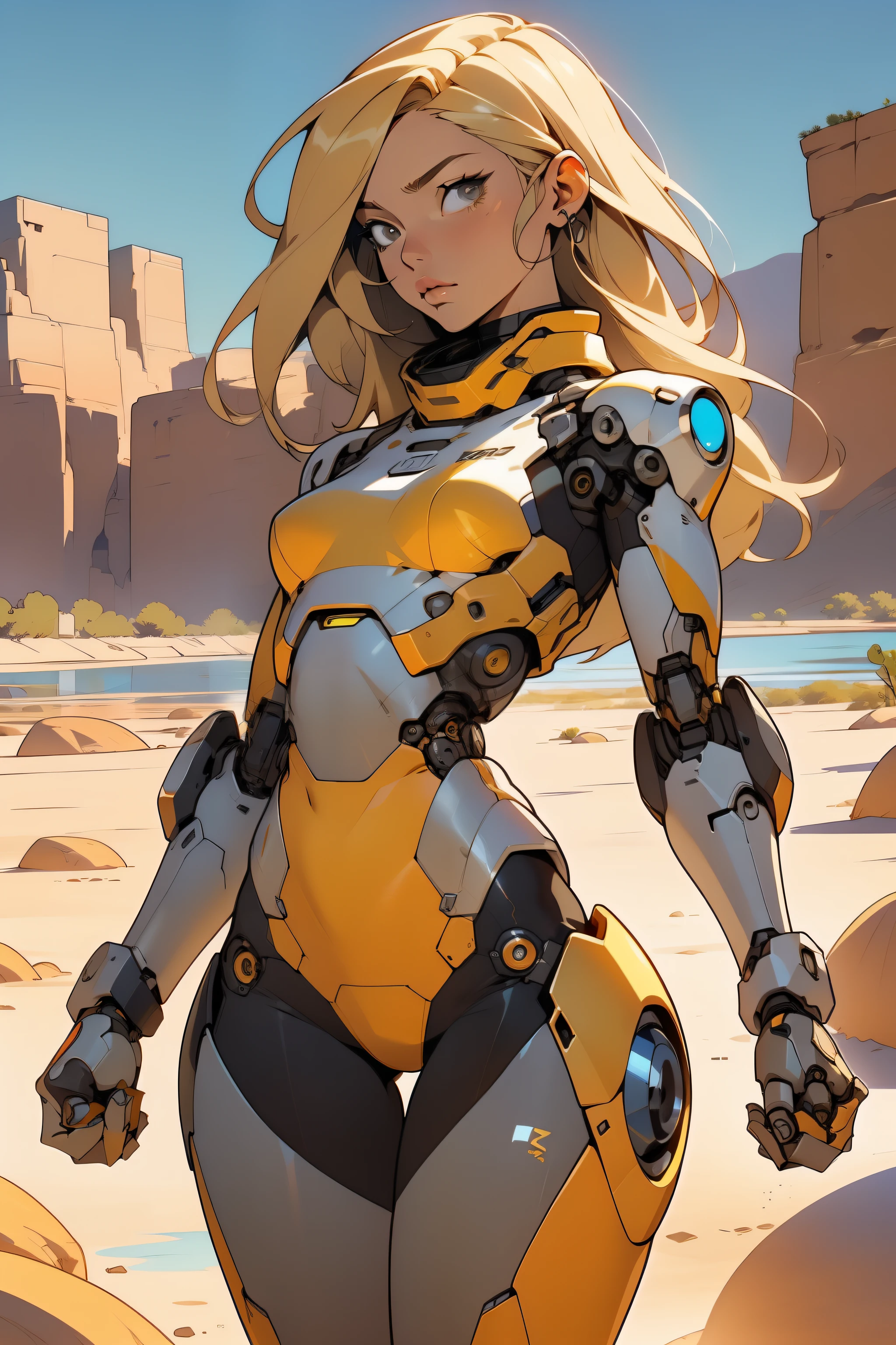 high quality, 4k, masterpiece, beautiful, cyborg girl, cowboy shot, dull eyes, front, looking at viewer, long blonde hair, girl, small breasts, fit thighs, robotic arms, robotic body, cyborg body, white & yellow uniform, orange accent, intricate detail, joint, detailed lines, robotic detail, holding fist up, holding hand up as fist, color robotic parts, robotic parts with color, perfect fingers, on a desert planet, sunny background, colorful desert, a river or a lake in the background, slender thighs, skinny thighs,