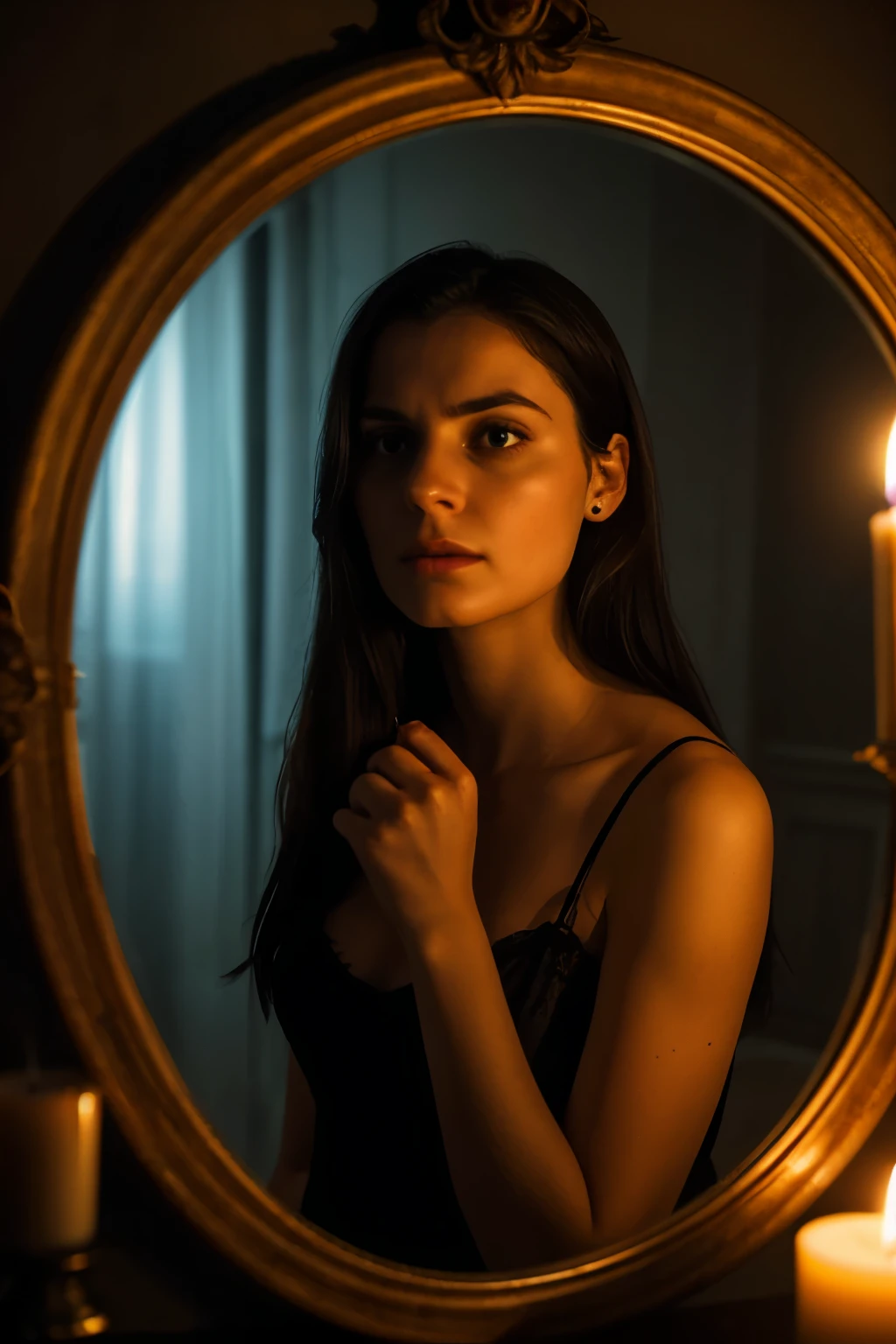 A frightened woman, clad in a nightgown, gazes intently at her reflection in the antique mirror, a flickering candle in her hand. Her long, dark hair cascades down her shoulders, obscuring part of her face. Her icy blue eyes widen with fear, darting around the dimly lit room. She seems lost in thought, her lips parted in a silent scream. This is a 1.5 European woman, late twenties, her face etched with worry lines. SFW, medium shot, photorealistic, Ultra highres, dramatic lighting, black and white. The candle casts an eerie glow on her pale face, illuminating her delicate
