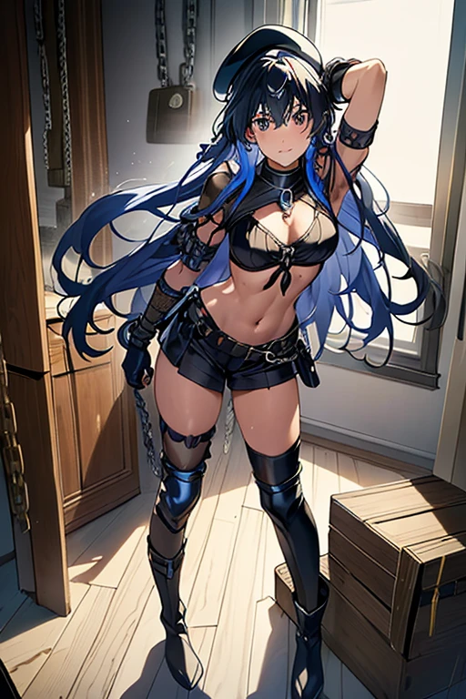 (Thynasha:1.2),dark blue hair,very long hair, purple eyes,(beautiful detailed eyes:1.0), extremely detailed face, perfect lighting, hair between eyes,bangs, (black beret, black jacket, open clothes, cleavage, midriff, black medium skirts, black thighhighs, thigh strap, fingerless gloves, single glove:1.2), Photo,sharpness, F1.6 lens,hyper-realistic textures,spectacular light textures, Cinestil 800 Fashion Mechanics,(((Beautiful woman with left leg restrained by chains))),Appearance,Beautiful girl with accentuated slender abs: 1.1,six-pack abs: 1.1, Bust Botox,Standing on tiptoe, long legs,Long brown hair fluttering in the wind,Brown hair, Long hair, Female Warrior Costume,(No panties,No bra),(tacticul battle fashion,elbow and knee tacticul battle fashion, battle glove: 1.1),((cute batre costume)),The belly comes out and the navel is visible,Thin sheer costume, combat gloves,shredded costumes,cyber long combat boots with golden knee pads,Anatomical,(futuristic sci-fi battle fashion, new elbow and knee cyberpads, new cyberlong boots, new cybergloves: 1.1),(tied perfectly by iron chain:1.3), Restraint, Slave, collars, contempt, (Chained), 4 chains hung from heaven, Metallic shackles and fetters, wet crotch clearly visible,((Hands are restrained above the head)), the neck is chained,Chain from left knee to heaven,Chained by rusty iron chains,((the tip is protruding, areolas protruding,The shape of the pubic harearea is clearly visible:0.9)),Sweating,Wet,Wet crotch,Wet thighs,Junkyard, Realistic, (cute, perfect clothes, skimpy clothes, cute: 1.3) ,Vast miritary base in us,((wide mirtary hospital with summer sunlight)), peeling ceilings, Rebar between, Realistic material details, Extreme details, Ultra-realistic materials,narrow waist,(with sparkling eyes and a contagious smile:0.9),looking at viewer,