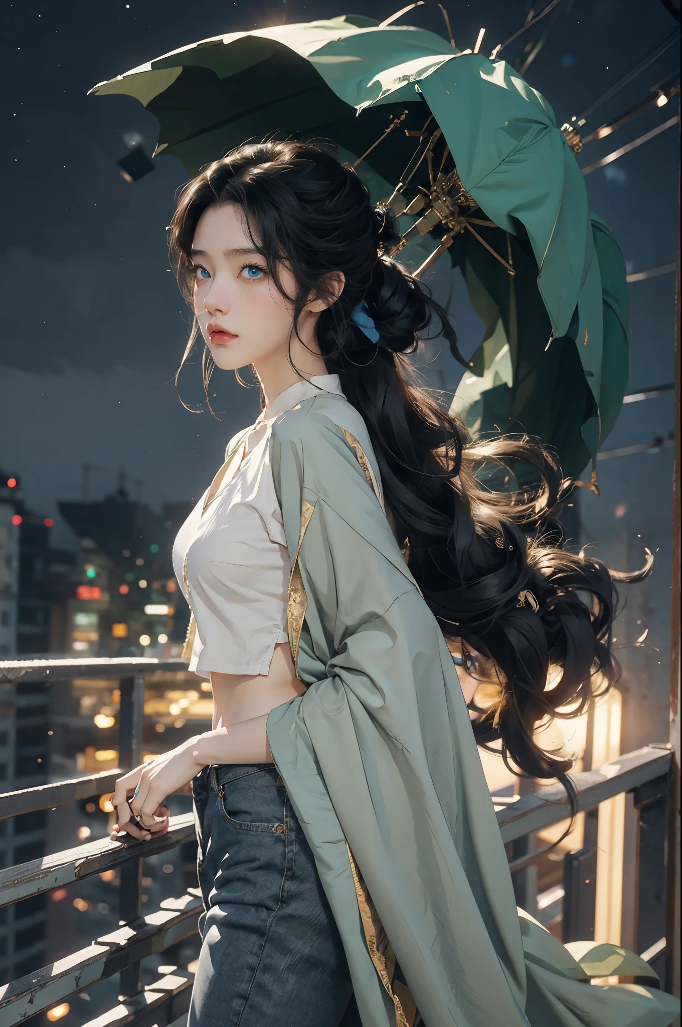 Create an anime style digital illustration of a girl with , black curly hair, blue eyes, and a fair complexion. The illustration should be high quality and detailed, with a focus on the girl's facial expressions and body language. The girl should be wearing a High waisted oversize pants and crop tops clothes , stylish . The background should be simple city , so that the girl is the focal point of the illustration ,by makoto shinkai , cgsociety , anime aesthetic , anime , artstation hd , standing on a rooftop in a city skyline background, looking out at the stars,Standing on the Rooftop