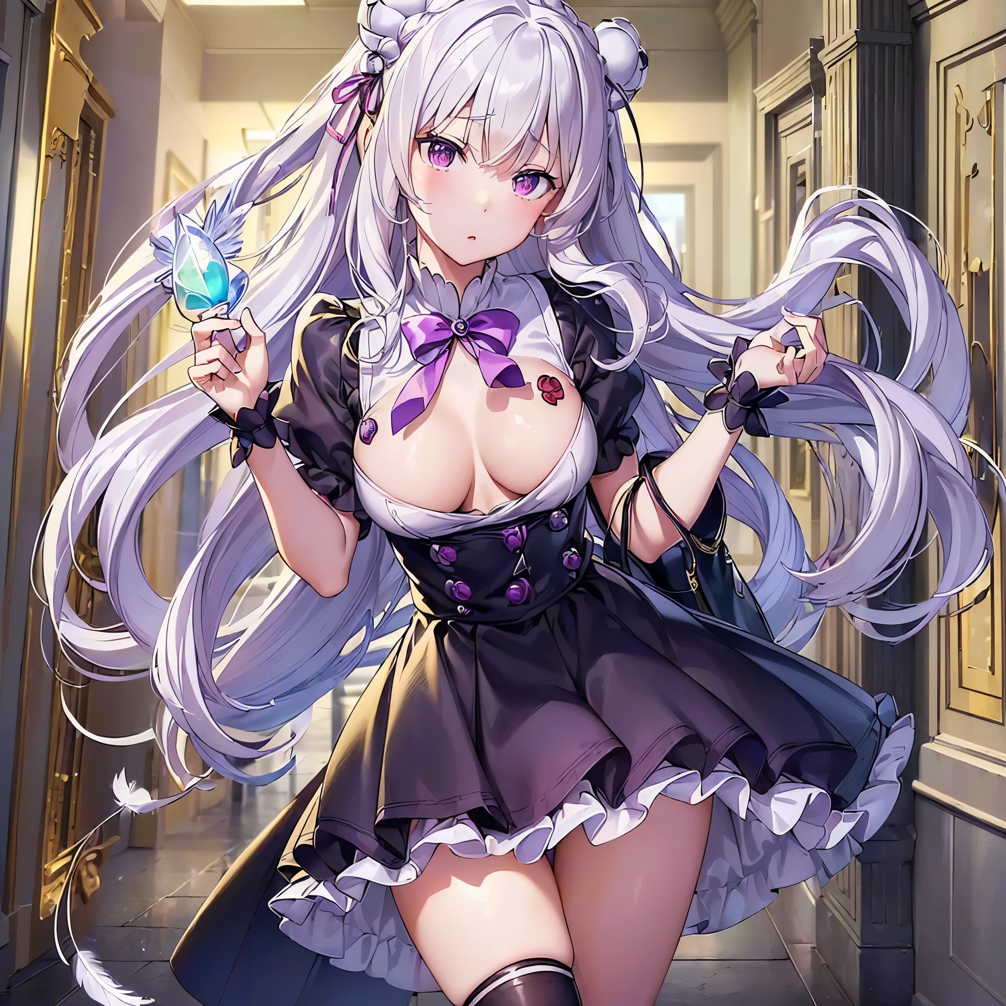(masutepiece) ((Kaleidoscope)) ((Harmonious)) (ultra-quality) (very exquisite) (Professional Balance) (absurderes) (Wide Shot) (One woman) ((Upper body)) ((fullllbody)) Emilia Re:zero, Emilia, crown braid, x hair ornament, flower hair ornament, white hair, long hair, medium breasts, purple eyes,  (Fine-grained body lines) ((realisitic:0.8)) (zettai ryouiki) (Hi-Res Textures)   (Clearly draw the shape of the nose) ((Exposure 1:0.25)) (((Shiny skin))) (X Hair Ornament) (Ornament Heart(Bracelet、gargantilha、ear ornament)  (Wave hair) ((((faithfully、Depiction of correct finger alignment)))) ((((faithfully、Depiction of the correct hand)))) (It clearly depicts the reflection of small white light in the pupil, which adds depth to the pupil) (((top-quality、Elegant yellow detail eyes))) (((Ultra Definition Masterpiece Highest Quality:1.2 4DCG high quality))) (Highly detailed face and eyes) (24-year-old woman) (Model body type) (Slender and long legs) (A slender) (mascara) (eyeshadows) (eye liner) (Glossy lipstick) (lip stick)   (Photorealsitic) (8K Character Concept) (((32K HD image quality...)) (conputer graphics) (angelicales、pastels、Feather 1:1.5) (((((School Uniform Mini Skirt 1:1))))) (Freedom of movement、evolve) (((Add charms to the background))) ((((angelicales)))) ((((Angel's Big Wings 1:1))) ((((Background school hallway))))) (((crosswind))) (((Panchira))) (((Skirt that holds down by hand))) (((crosswind))) (Flip-up) (Uniform Color Pink× Pink Sapphire 1:1) (((Marilyn Monroe Wind)))