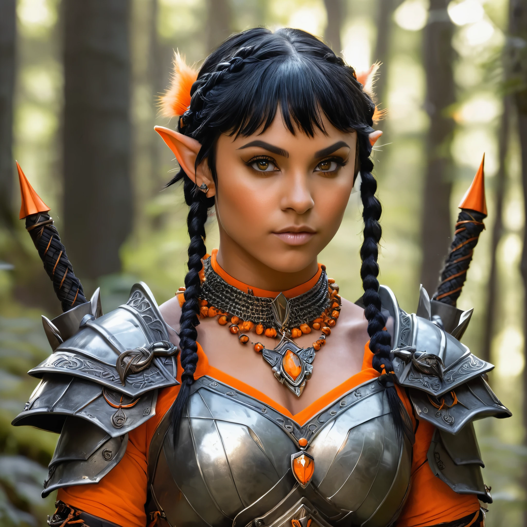 A distant image of an female barbarian Elf. Lightened tanned skin, short black hair, with some small braids and orange fathers in it, gray eyes. She wears armor with some orange detailing and has daggers in her hands. Wearing a fox-shaped necklace. She is in a forest.