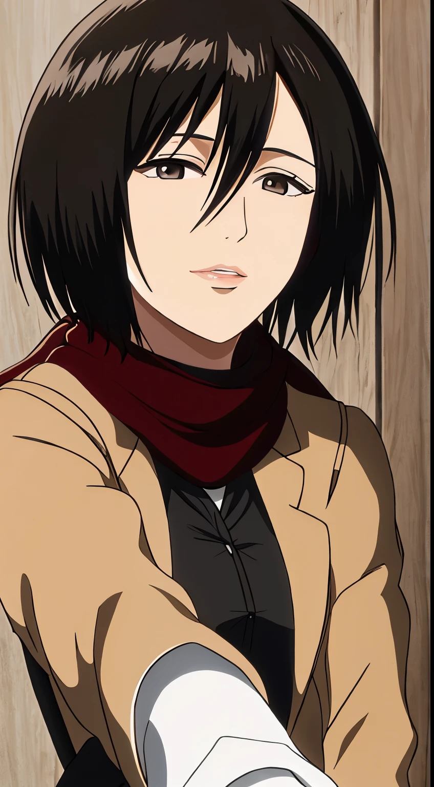 1girl, mikasa ackerman, (black hair:1.3), hair between eyes, short hair, sideburns, gray eyes, maroon scarf, brown jacket, lips, cleavage, close up, solo, lips,, masterpiece, best quality, bending down and spreading her pussy, camera pov
