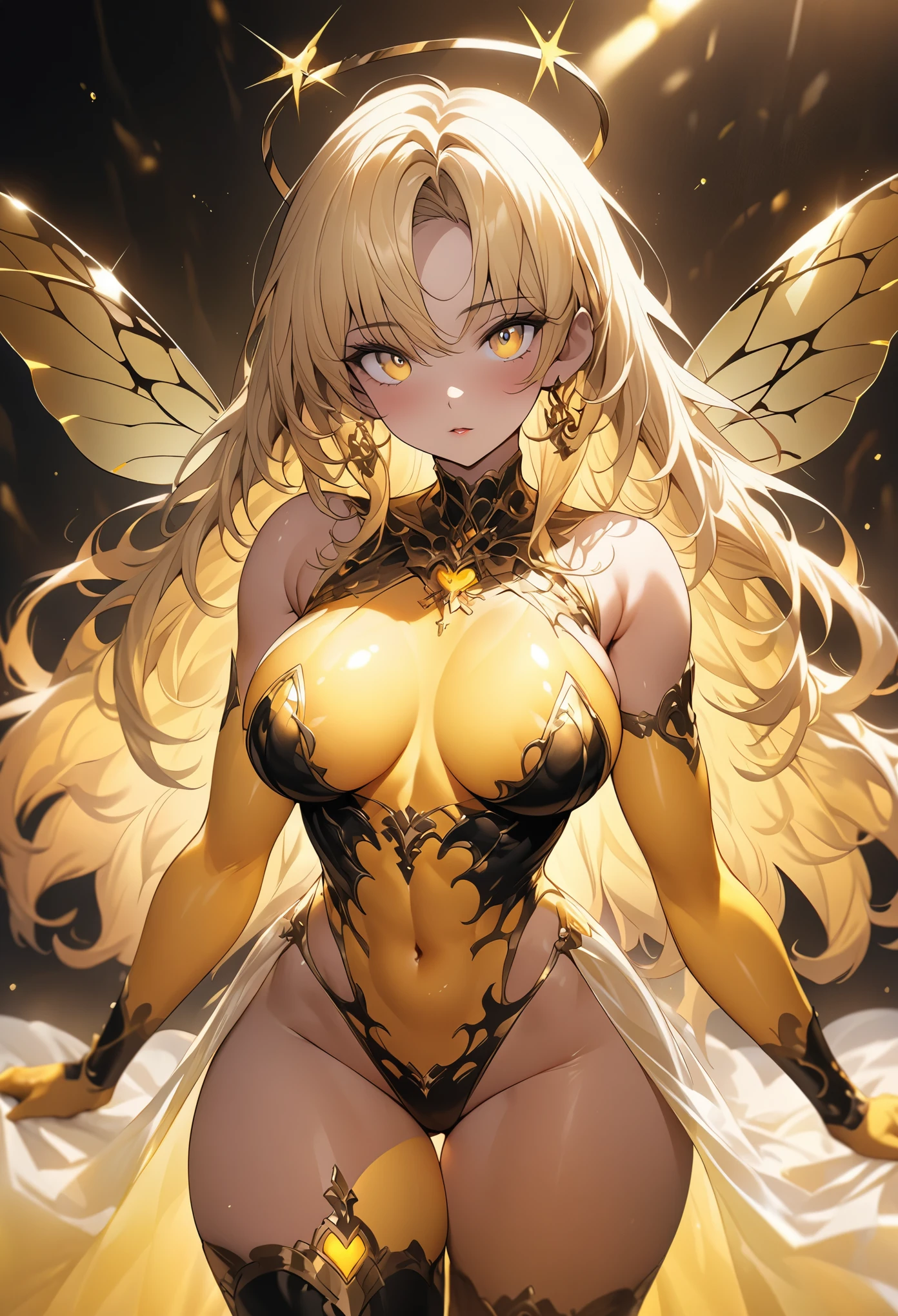 (masterpiece:1.3), (8k、highest quality:1.4), (Best image quality, Intricate details, High resolution, Depth Field, Natural light, Professional Lighting), Create a stunning and seductive pin-up style illustration in the spirit of anime, featuring a confident and curvaceous bee-girl with blonde hair and a unique twist. Emphasize her powerful physique, with muscular thighs and a toned abdomen, accentuated by her animal-themed outfit. Her most striking features include her voluminous blonde hair, glowing with golden highlights, and her large, captivating eyes with a hint of honey-like sparkle. Imagine her posing seductively, showcasing her ample assets, including her prominent breasts and thick thighs, while donning a creative blend of bee-inspired attire, perhaps with translucent wings and a playful stinger. The color palette should be warm and inviting, with soft golden hues and pops of amber and yellow, reflecting the essence of honey and sunshine. The lighting should be soft and flattering, creating a dreamy and ethereal atmosphere. This bee-girl embodies both strength and sensuality, captivating viewers with her unique blend of animalistic charm and anime allure."