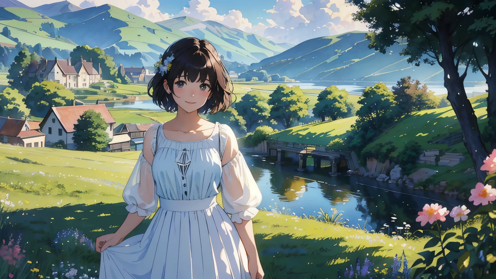 (highest quality、masterpiece、High resolution)、(Sargent-style watercolor)、(Anime Art)、Soft Light、Cotswolds view、Old farmhouse、flowers bloom、((Multiple women、Everyone is standing))、(Detailed depiction of a beautiful face)、Smiling Kindly、Medium Short Hair、Dark brown hair、Braided hair、White blouse and long skirt、picnic、Cinematic Light、Soft sunlight、lake、Beautiful mountain range in the background、Blur the background、 