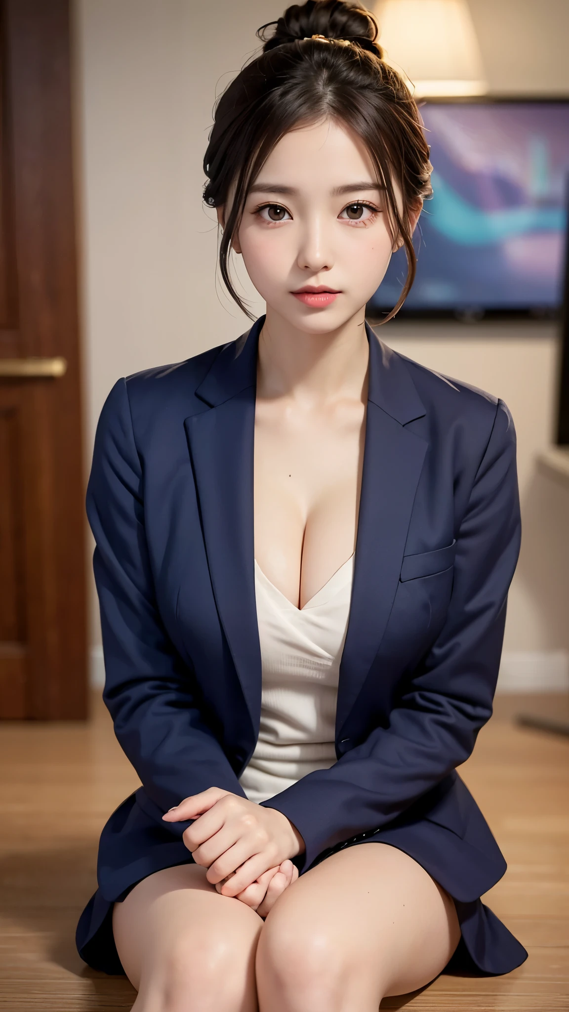 Japanese women、office lady、19 years old, anatomically correct, perfect anatomy, very cute, beautiful, (business suit, business shirt:1.2), (beautiful leg:1.3), ((embarrassed:1.3)), blush、(office:1.1), (best quality:1.3)、perfect lighting, high resolution, (8K, High resolution:1.2), (photograph, photorealistic:1.2)、Face is in focus、(Focused, symmetrical pupils:1.2)、Beautiful Skin、Natural Makeup、gross lip, High-definition hair texture, (looking at viewer:1.2), (half updo:1.3), (multiple angles:1.2), (small breast, cleavage:1.1), (put hand on one’s breast), Thin legs