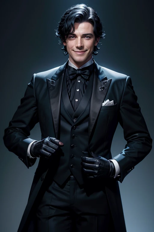 a mature irish butler with black hair, blue eyes, smiling while reaching his hand, wearing a black suit with black gloves