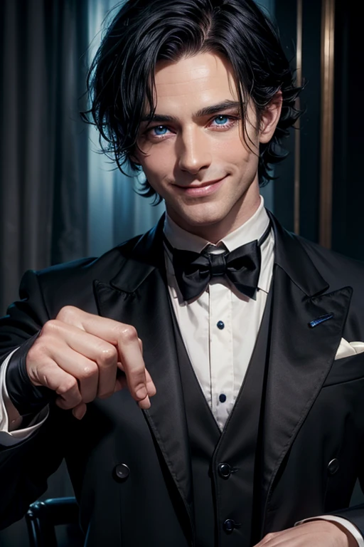 a mature irish butler with black hair, blue eyes, smiling while reaching his hand, wearing a black suit with black gloves