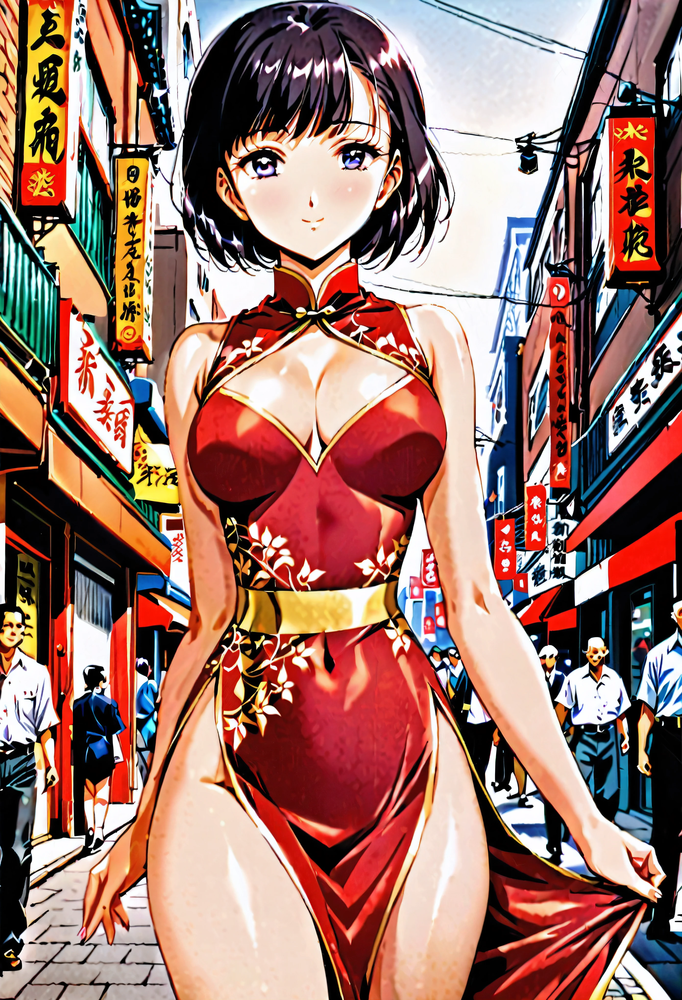 NSFW, 8K, RAW photo, ultra high res,(1girl:2.0), (photorealistic:1.4), black hair, smile, bright pupils, high detail, Realism, Fujicolor, image fill, viewfinder, Eye-Level Shot, 8k, super detail, UHD, retina, masterpiece, anatomically correct, textured skin, high details, high quality, award winning, best quality, high res, 16K, (Never split:2.0), (10 heads: 2.0), (great proportions: 1.8), (full-body image: 1.8), (long and beautiful legs: 1.6), (ultra-high-cut cheongsam: 1.8), (boldly cut slit above the waist: 1.8), ((((The most beautiful woman in Yokohama Chinatown is standing in a gorgeous cheongsam, Her cheongsam is adorned with beautiful embroidery and golden decorations in every detail to further enhance her charm, the dress fits snugly to the body and beautifully emphasizes its curves, her hair is flowing black and flutters gracefully in the wind, her face is full of fresh beauty, and her eyes are deeply charming, delicate eyebrows, momentarily captivating blinking, The smile on her delicate lips brings a special glow to her face, her proportions are just ideal, the cheongsam fits as if it wraps around her beautiful body, her back is graceful and curvaceous, and the beautiful long legs make the beauty of the dress with a deep slit even more pronounced. His posture is confident and expresses self-honesty, and he attracts those around him like a walking flower.The appearance of the beautiful woman in Yokohama Chinatown is like a dream, showing the pinnacle of beauty)))), ((((She has a dazzling appearance with fresh beauty and flowing black hair, and boasts perfectly harmonious proportions, and her cheongsam fits her body perfectly and enhances her beauty))), (Height: 1.6), (Baozi head: 1.8), long legs, beautiful legs, tall height, super model, Beautiful breasts, huge breasts, cleavage, (Downtown Yokohama Chinatown:1.5)