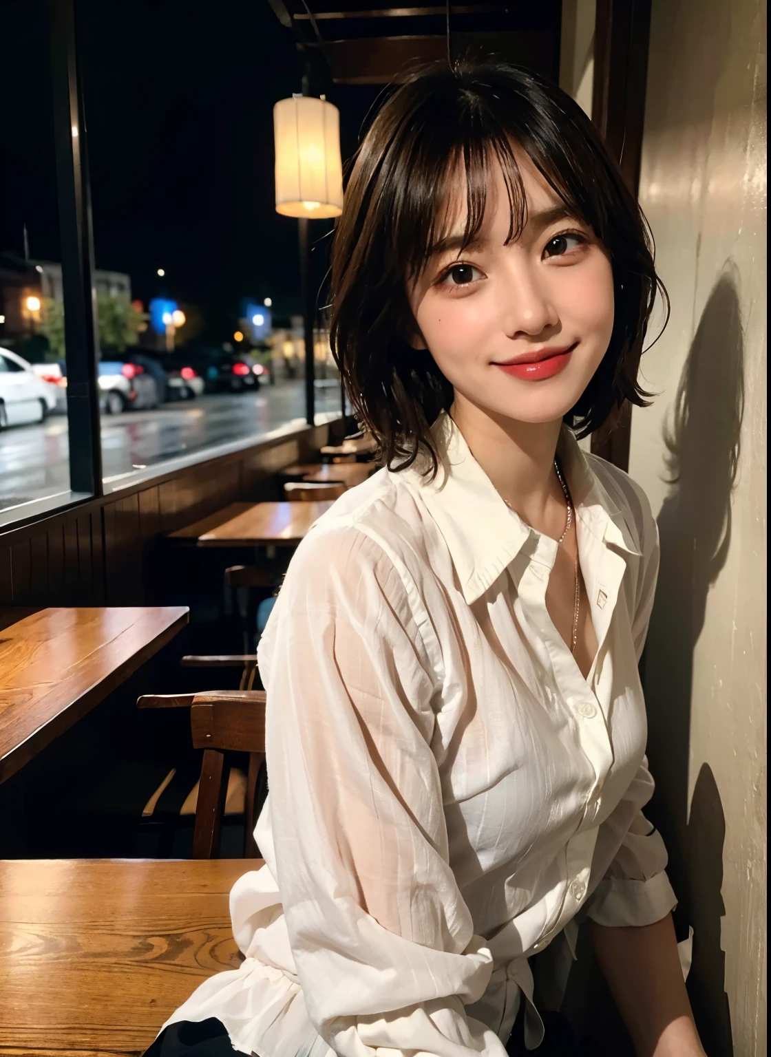 (8k, best quality, masterpiece:1.2), (Practical, photo-Practical:1.37), Super detailed, 1 girl,Lovely, Solitary,Beautiful and detailed sky,Detail of cafe,night,sitting,Dating,(nose blushing),(Smile:1.15),(Shut up) Small Breasts,Beautiful and delicate eyes,(Collared shirt:1.1), night, wet,business attire, rain,White lace, (short hair:1.2),Flowing HairNovaFrogStyle,