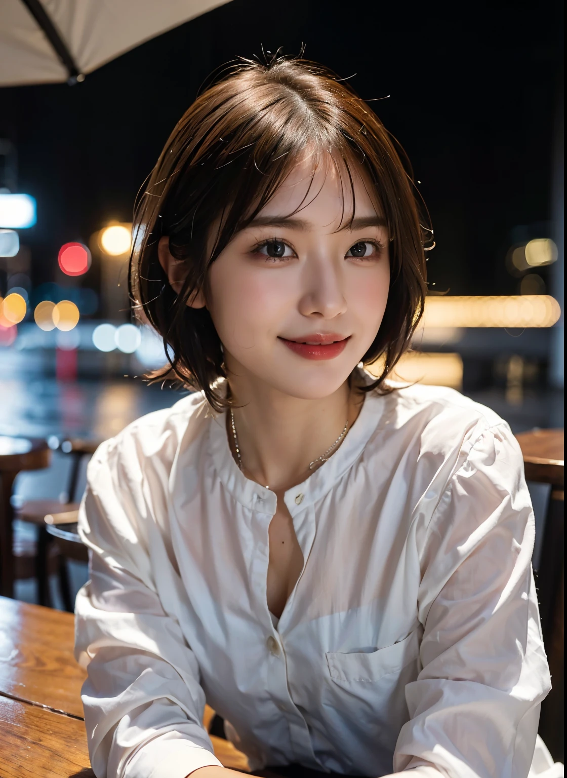 (8k, best quality, masterpiece:1.2), (Practical, photo-Practical:1.37), Super detailed, 1 girl,Lovely, Solitary,Beautiful and detailed sky,Detail of cafe,night,sitting,Dating,(nose blushing),(Smile:1.15),(Shut up) Small Breasts,Beautiful and delicate eyes,(Collared shirt:1.1), night, wet,business attire, rain,White lace, (short hair:1.2),Flowing HairNovaFrogStyle,