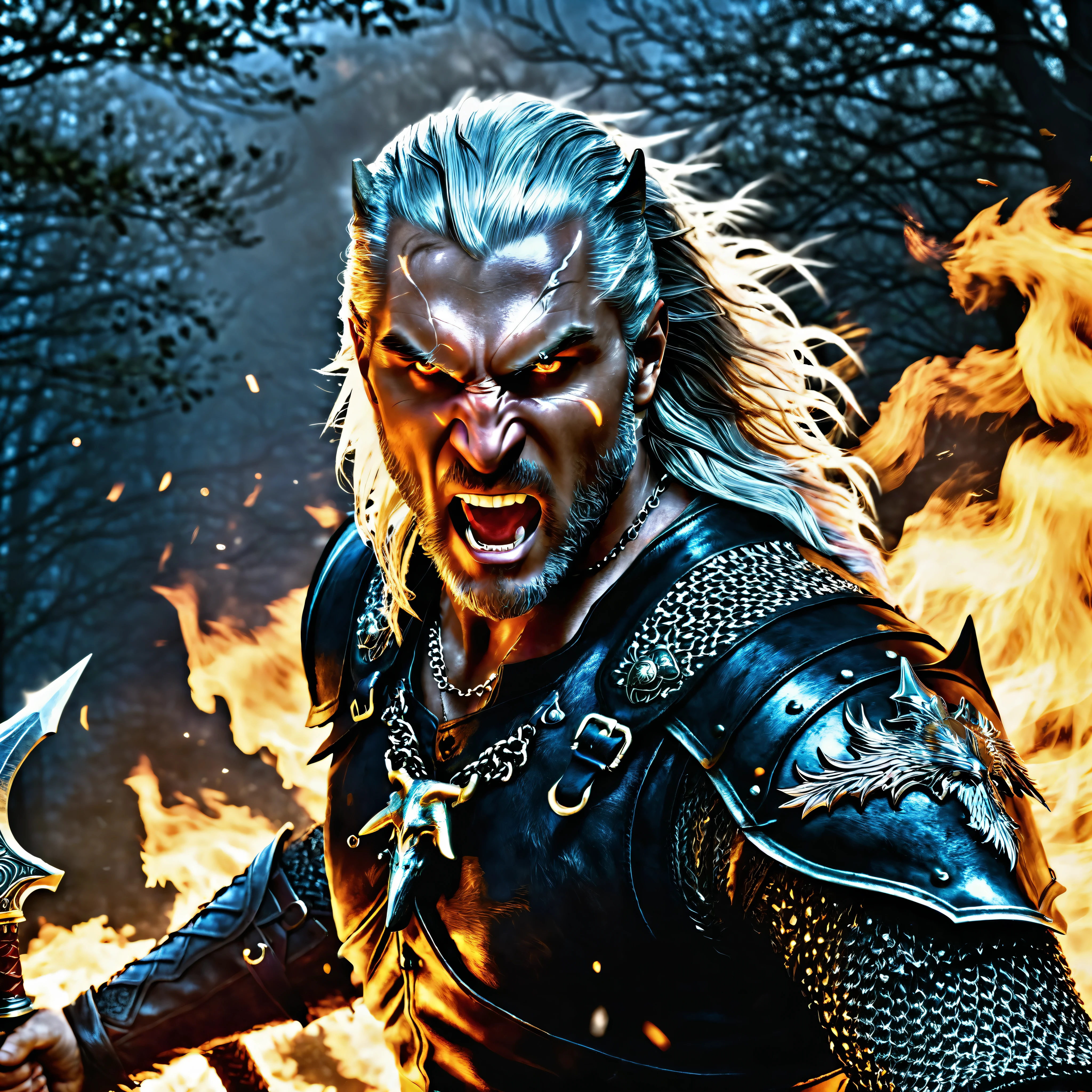 Lycan Geralt of Rivia holding sword,skell,lambert and vesemir,(ultra high-quality,32k,64K,ultra highres,epic top masterpiece:1.2),symmetrical ultra-detailed,ultra realistic:1.37,wolf school background,wolf symbol,portrait,ulra sharp focus,physically-based rendering,professional,vivid colors,bokeh,handsome facial features,baltic amber medallion,captivating blue eyes,long silver hair,sculpted muscles,silver sword,ageless face,warrior's scars,dangerous expression,fierce and determined look,dark and mysterious atmosphere,strong presence,eerie glow,stag antler necklace,elegant black leather armor,stormy sky,snow-covered landscape,gloomy forest,wisps of magic in the air,fireflies dancing in the night,full moon illuminating the scene,dramatic lighting effect,detail of chainmail armor,ember-eyed black wolf in the background,grim expression of Vesemir,skeptical gaze of Lambert,silent and imposing Skell,unwavering loyalty to Geralt,expression of camaraderie and trust,swirling mist surrounding them,hint of danger and adventure in the air. Heavy Large Sword invoke fire elemental flmngprsn summon flame ablaze embers hearth beholder bright epiceye embers --v 6 --s 1000 --c 20 --q 5 --chaos 100