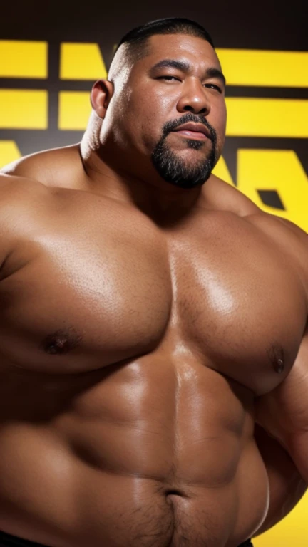 black hair, middle-aged man, individual, male, Muscular wrestler, muscular, Stout wrestler, Asian, Japanese, uncle, 55 year old middle-aged man, short hair, short hair, yellow wrestling boots, full body portrait, shadow, Vision, yellow briefs, obesity, 45 years old, short beard, middle-aged man, tattoo, fingerless gloves, Wheat skin, shiny skin, dark skin, Show your pectoral muscles, sumo wrestler, bodybuilder, wide temples, Visible abdominal muscles, Smile, Fine hands, solid color background, pure white background, Surrealism, Panorama, 8k, super detail,
