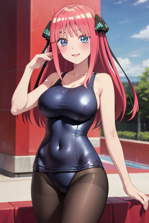 best quality, ultra-detailed masterpiece, anime art style, cute characters, nino nakano, one-piece swimsuit, large breasts, pantyhose, blush, smile