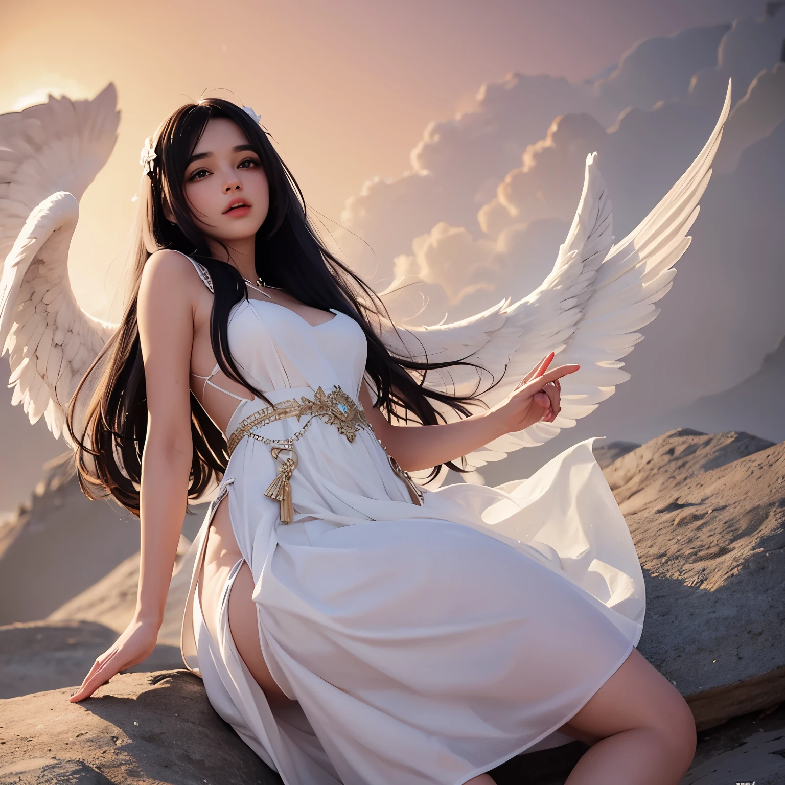an angel woman of amazing beauty, cabello largo y rubio, vestido rosa y con grandes alas blancas