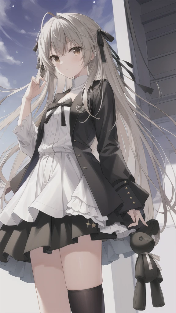 ((masterpiece:1.4, best quality)) ,Kasugano Sora,1 cool girl,Brown eyes,Plush Toys,Stuffed Animals,stuffed bunny,,Happy,eternity,Black socks,Jane Shoes,Black jacket with white T-shirt,Christmas,Christmas Star