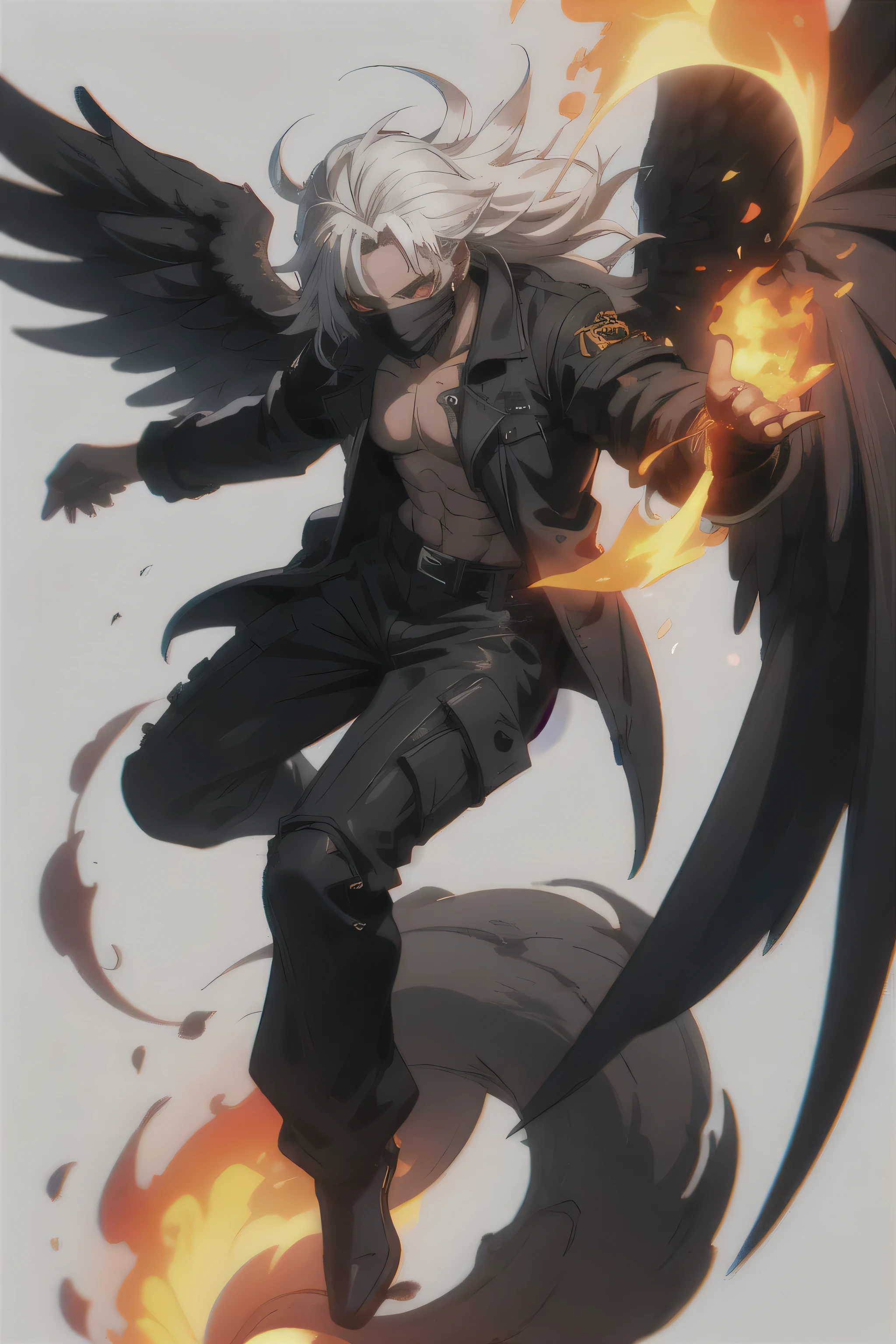 man, 2d, anime, red eyes, long white hair, big black wings, reddish eyes inside a big iron cleam mask, black jacket, fire on the back, burning background, without showing skin, full body clothing, black guy
