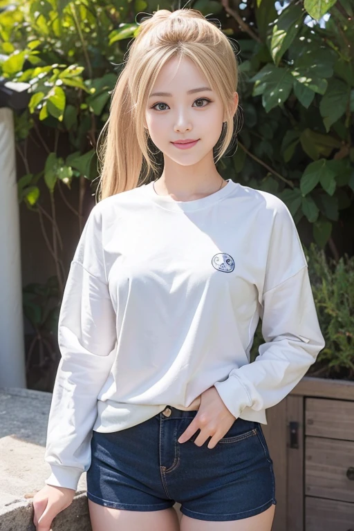 cute japanese college student、21 years old、Super detailed face、Attention to detail、double eyelid、Beautiful thin nose、Sharp focus:1.2、Beautiful woman:1.4、(Ash Blonde Hair、Ponytail Hair)、（Detailed facial features）、Brunette eyes、natural bangs、White skin、highest quality、masterpiece、超A high resolution、(Photorealistic:1.4)、Highly detailed and professionally lit smile、looking at the camera、Bright lighting、Professional Lighting、Smooth lighting、One person is standing、(Long sleeve cycling jersey), (Berry Shorts)、（Outdoor）、hot pants、Happy