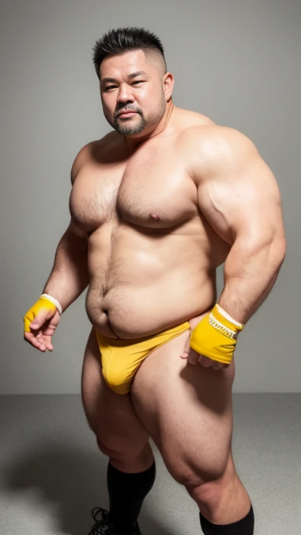 white hair, old man, individual, male, Muscular wrestler, muscular, Stout wrestler, Asian, Japanese, uncle, 55 year old middle-aged man, short hair, short hair, yellow wrestling boots, full body portrait, shadow, Vision, yellow briefs, obesity, 45 years old, short beard, middle-aged man, tattoo, fingerless gloves, Wheat skin, shiny skin, dark skin, Show your pectoral muscles, sumo wrestler, bodybuilder, wide temples, Visible abdominal muscles, Smile, Fine hands, solid color background, pure white background, Surrealism, Panorama, 8k, super detail，