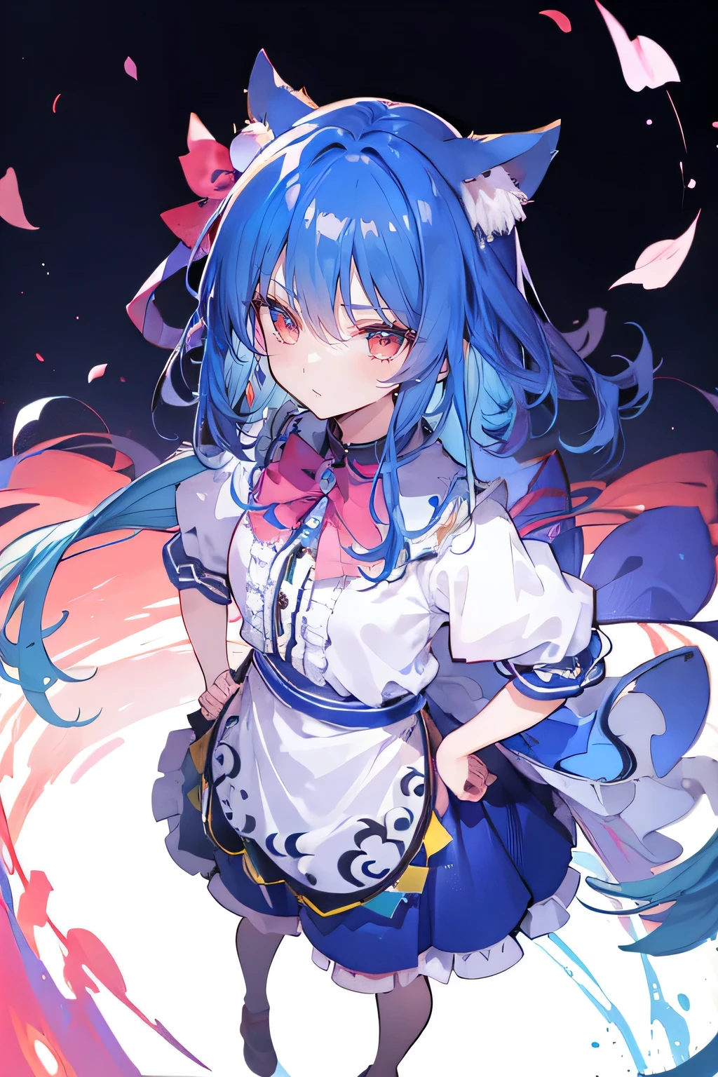 (masterpiece),best quality, expressive eyes, perfect face, 1girl,
Put your hands on your waist,fair, Gorgeous,Japanese cartoons,girl,lola,Hina Angel, blue hair, blue haired, floating clothes,Grab your waist, Grab your waist, hands on hips , hands on hips,sit, sit on ground, Legs on the ground, flat chest,cat ears,Petals fall,Sitting in the summerhouse,summerhouse,