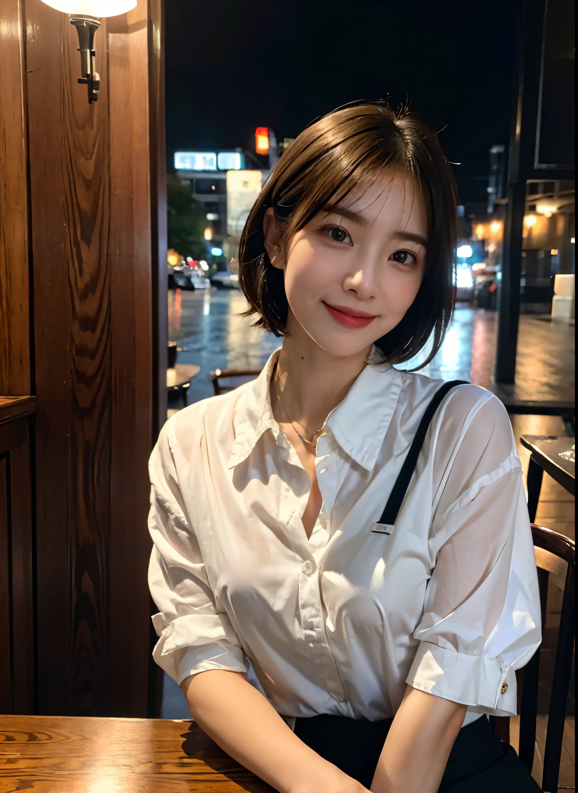 (8k, best quality, masterpiece:1.2), (Practical, photo-Practical:1.37), Super detailed, 1 girl,Lovely, Solitary,Beautiful and detailed sky,Detail of cafe,night,sitting,Dating,(nose blushing),(Smile:1.15),(Shut up) Small Breasts,Beautiful and delicate eyes,(Collared shirt:1.1), night, wet,business attire, rain,White lace, (short hair:1.2),Flowing HairNovaFrogStyle,