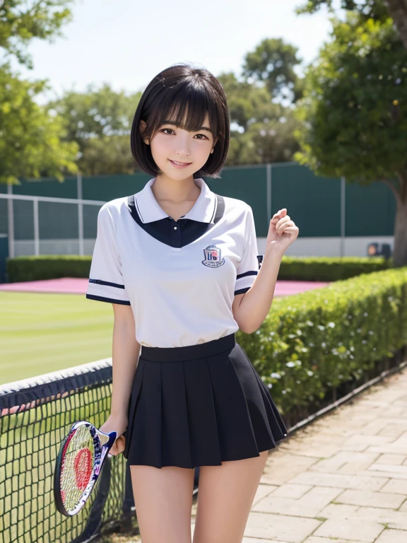 ((Whole body 1.4))((masterpiece)), ((best quality)), (ultra-detailed), ((kawaii)), cute, (lovely), realistic, real, full body, In town, daytime, a cute girl, 1girl, solo, beautiful black hair, beautiful black eyes, ((beautiful eyes)), short hair, ribon, smile,Tennis player uniforms,mini skirt,Panty Shot,White panties,Small breasts,Sit with your knees up