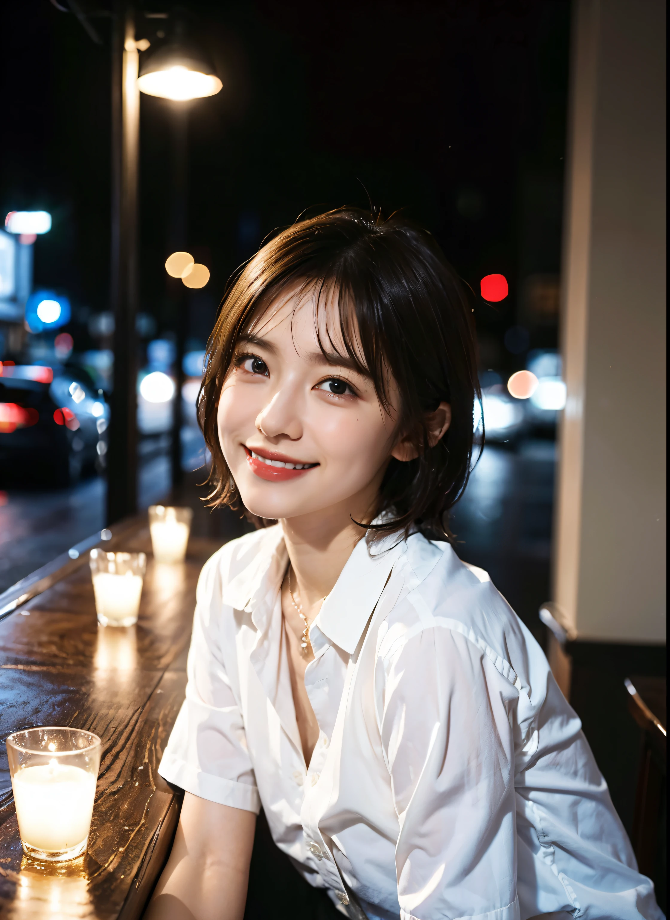 (8k, best quality, masterpiece:1.2), (Practical, photo-Practical:1.37), Super detailed, 1 girl,Lovely, Solitary,Beautiful and detailed sky,Detail of cafe,night,sitting,Dating,(nose blushing),(Smile:1.15),(Shut up) Small Breasts,Beautiful and delicate eyes,(Collared shirt:1.1), night, wet,business attire, rain,White lace, (short hair:1.2),Flowing HairNovaFrogStyle,
