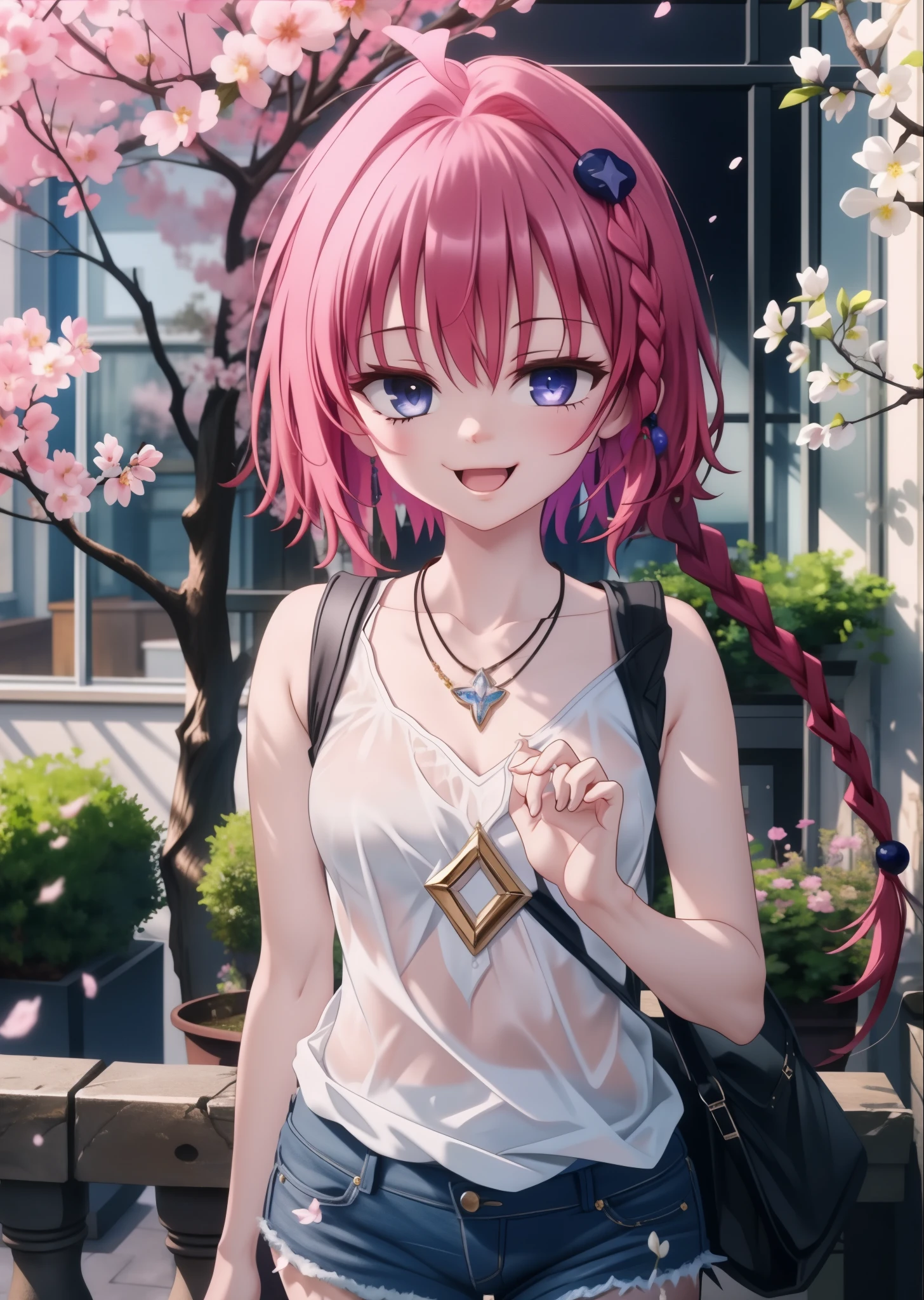 (masterpiece, highest quality:1.2),shape,8k,hd,kurosaki mea,Cowboy Shot,So that the whole body goes into the illustration,1 girl,happy smile, smile, Open your mouth,red hair long hair,Long braids all over the body,Upper Body,(Portraiture:1.2),hair ornaments,smile,Purple eyes,Medium chest,Black sleeveless dress,Bare arms,,Star-shaped necklace,Short denim pants,White pantyhose,short boots,garden,Cherry blossoms are blooming,Cherry blossoms are scattered,Cherry blossom tree-lined path,Clear skies,Daytime, (Cowboy Shot:1. 5),(masterpiece:1.2), highest quality, High resolution, unity 8k wallpaper, (shape:0.8), (Beautiful and detailed:1.6), Highly detailed face, Perfect lighting, Highly detailed CG, (Perfect hands, Perfect Anatomy),