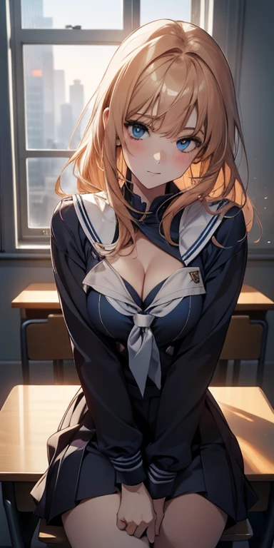 Blue-orange curls are curved inward，，There is a strong sense of freshness and freshness,girl with,((serafuku)), hands on one's face, Elbows on the desk, Sit up, ‎Classroom, sunlights, window, see the beholder, Face in Love, I can see the cleavage:1.2, The finest beige underwear, Best Quality,Ultra-detailed, High resolution, extremely details CG, Unity 8k wallpaper,  Caustics, textile shading, super detailed skin, Perfect Anatomy, Detailed, Cinematic lighting, Dynamic lighting, Beautiful detailed eyes, (top-quality), (ultra-detailliert), (masuter piece), (hight resolution), (Original), Character Design, Game CG, Detailed Manga Illustration, Realistic head-to-body size ratio:1.2