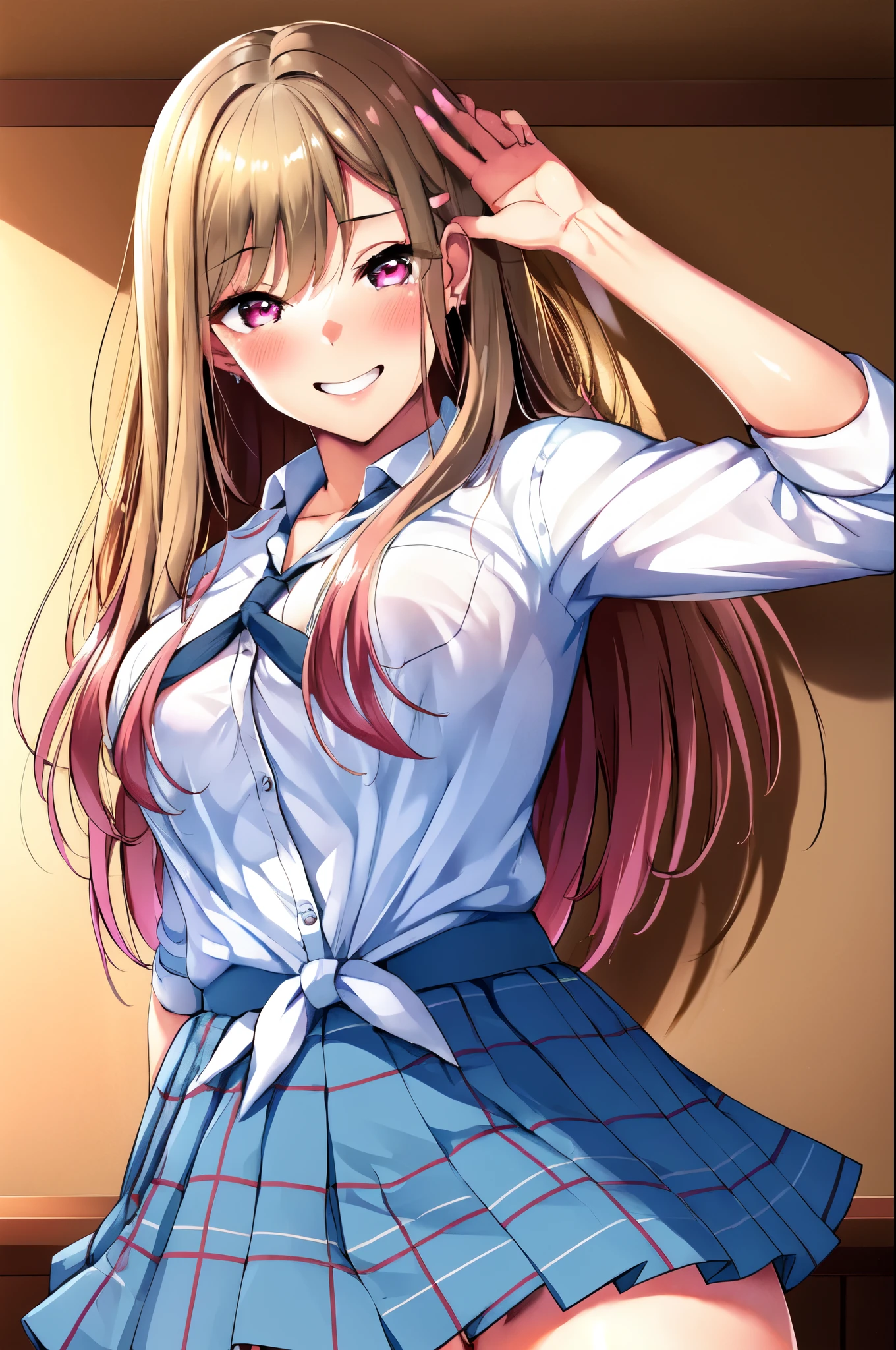 (best quality,4k,highres:1.2),ultra-detailed,(realistic:1.37),teen,very bright and clear color,Marin Kitagawa - My Dress-Up Darling,ass,in skirt school,school desk,pink,big camel toe,detailed eyes,detailed lips,happy expression,long hair,dark brown hair,cute smile,shiny cheeks,flower pattern on the skirt,ribbon in the hair,feminine pose,girly atmosphere,playful expression,book on the desk,stationery,tidy classroom,vivid colors,soft lighting