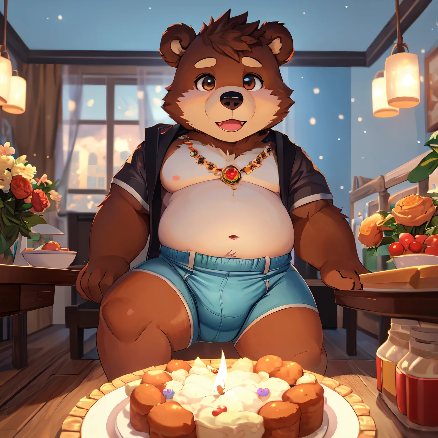 Full body, adorable  bear, wearing a diaper, chubby and muscular physique, innocent and pleasurable expression, 3D render, highest quality, precious and intricate details, gentle face with soft and detailed eyes, playful and realistic scene, trending on ArtStation, masterpiece, depth of field, soft focus on the babyr's face, warm and cozy atmosphere, baby blue background, by HoneyBearArt, by CubbyCuddles, by FuzzyFellow.