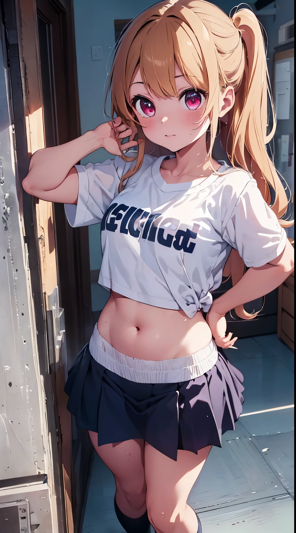 Full body, full body illustration, best illustration, kindergarten, ((highest quality)), ((masterpiece)), (detail: 1.4), anatomical, award-winning concept art, beautiful, fine details, portraits, look at the viewer, ((show full body)), 1 girl, full body, solo, , kindergarten, actor, golden hair, blonde, semi-long hair, red and pink eyes, big eyes, left eye pupil is star-shaped, Characteristic left eye pupil, left eye pupil clear, left eye pupil detailed, vine peta, cute underwear, panties, skirt, pink panties, wet, shirt, wet clothes, skirt lift, blush, classroom, belly button, clothes lift, simple background, lift yourself, white shirt, uniform, light blue school clothes, look away, short sleeves, , skinny, kindergarten, last scene of the movie, , , cute, young, young, young appearance, fantastic visual depiction, professional effect, beautiful girl, girl,