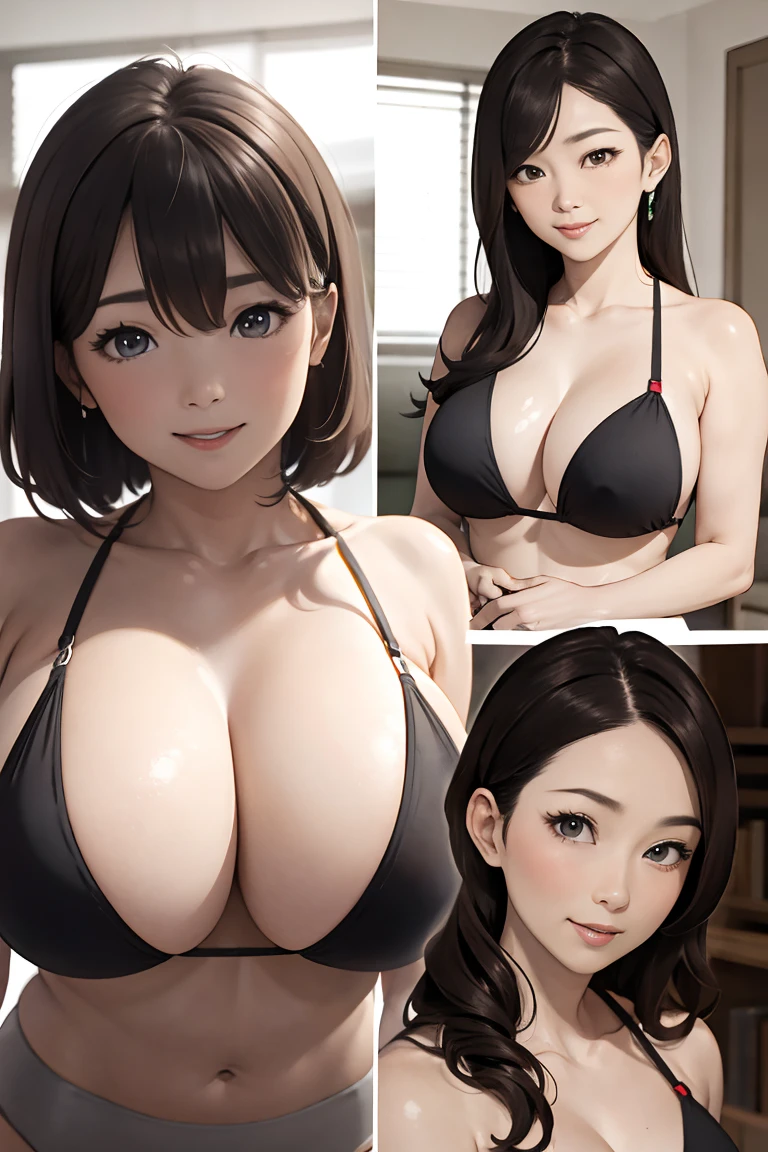 (ultra-detailed、masterpiece、best quality、high resolution:1.8)、high picture quality、Finest quality、Highly detailed image quality、Realistic Woman、1girl、(smile、Opens mouth and laughs:1.2)、Japanese face、(42-year-old woman:1.8)、house wife、(curvy body:1.2)、a navel、black hair、short hair、Shiny skin、(gigantic breast:1.2)、(checked bikini:1.4)、Oiled skin、glistning skin、high gloss skin:1.4)、