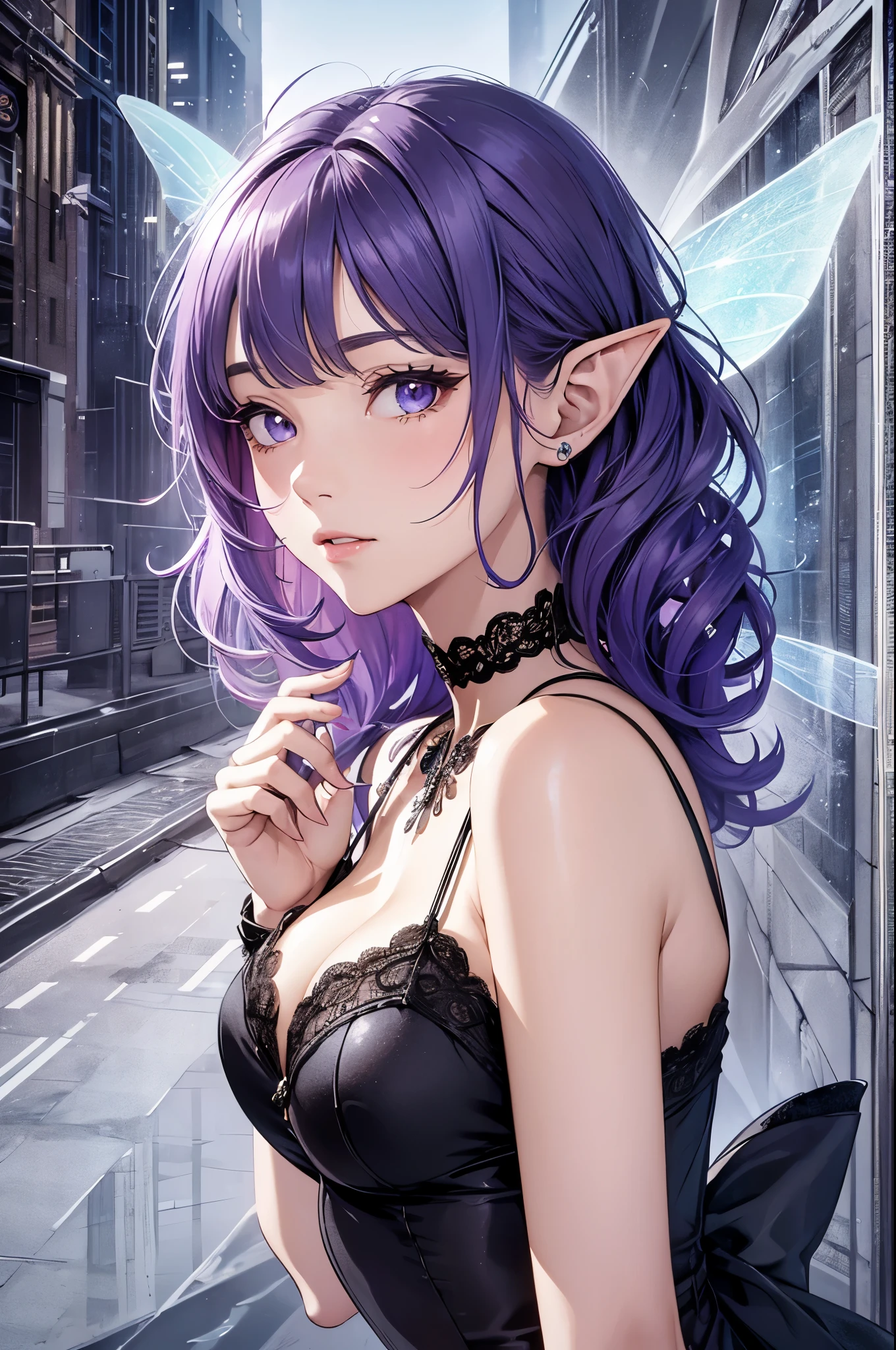 (masterpiece, ultradetailed, photorealist) a girl, fairy, sparkling fairy wings, elf ears, purple hair, a little purple lace dress, neckline, a black choker with an emerald in the center, leaning forward, hands behind her back, a slight smile