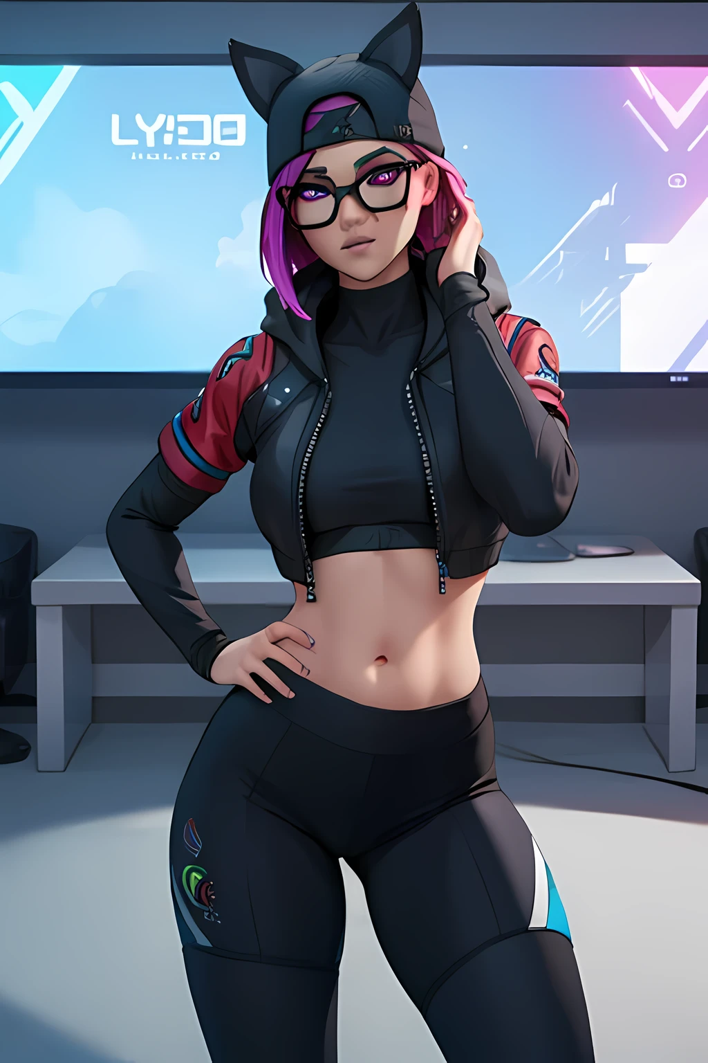Gaming Zone Lynx chaqueta Negro, gafas,guantes sin dedos, rostro extremadamente detallado, Leggings negros, ojos finos, luz neon