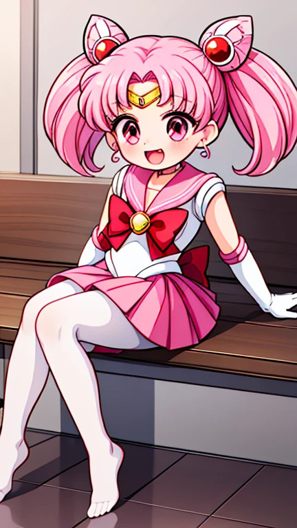 Sailor Moon,young年,Seven years old,cute,(Little Loli),Pink hair twintails,short hair,Sailor Suit,Red bow,White elbow gloves,Red Skirt,No shoes,Open your mouth,laughing out loud,Fangs,(White pantyhose),soles of feet,Soles,(young),(little man),sit