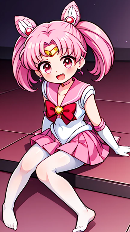 Sailor Moon，young年，Seven years old，cute，（Little ****），Pink hair twintails，short hair，Sailor Suit，Red bow，White elbow gloves，Red Skirt，No shoes，Open your mouth，laughing out loud，Fangs，(White pantyhose),soles of feet，Soles，(young)，(little man)，sit