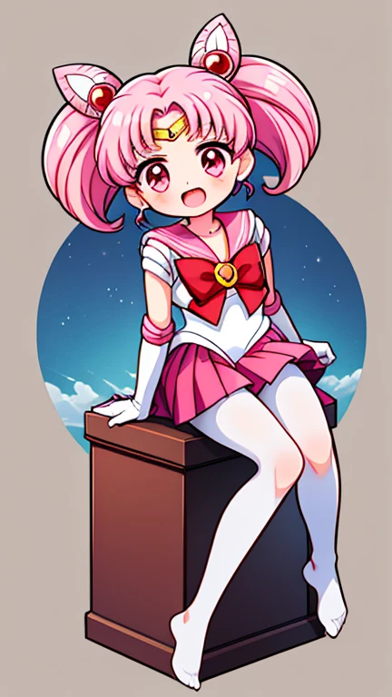 Sailor Moon,young年,,cute,(Little Loli),Pink hair twintails,short hair,Sailor Suit,Red bow,White elbow gloves,Red Skirt,No shoes,Open your mouth,laughing out loud,Fangs,(White pantyhose),soles of feet,Soles,(young),(little man),sit