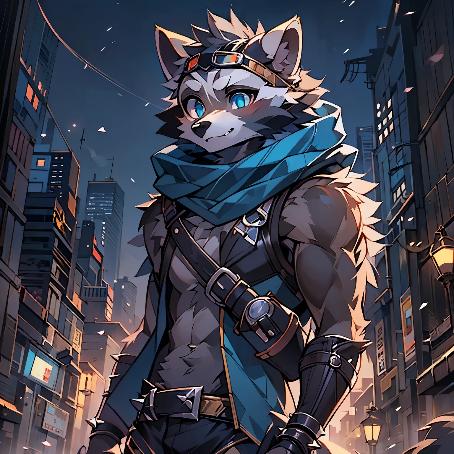 masterpiece, high quality, hi res, Solo, young Furry, raccoon, grey body, brown spiked ponytail, long blue scarf, leather harness, black loincloth, goggles, masterpiece, gray body, blue eyes, detailed eyes, No muscles, claws, Flat body, Skinny, Detailed paws, metal cuffs on wrists, metal cuffs on ankles, no shirt, no underwear, shoulderpads, action pose, Dark night，Dark streets