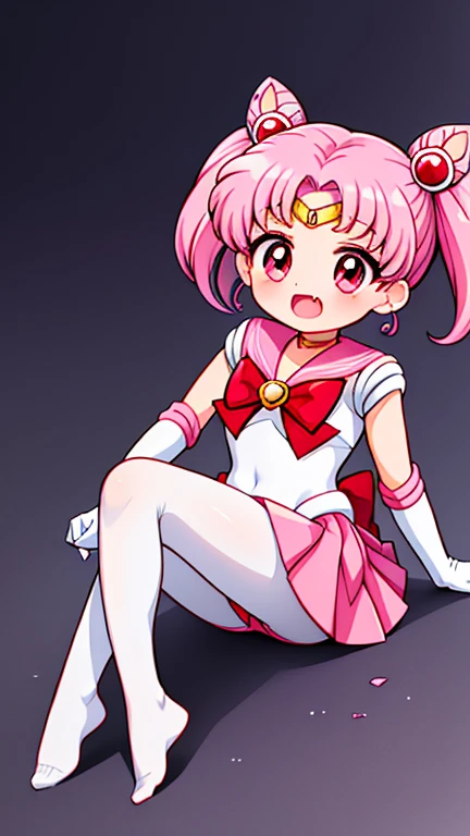 Sailor Moon，young年，，cute，（Little Loli），Pink hair twintails，short hair，Sailor Suit，Red bow，White elbow gloves，Red Skirt，No shoes，Open your mouth，laughing out loud，Fangs，(White pantyhose),soles of feet，Soles，(young)，(little man)，sit