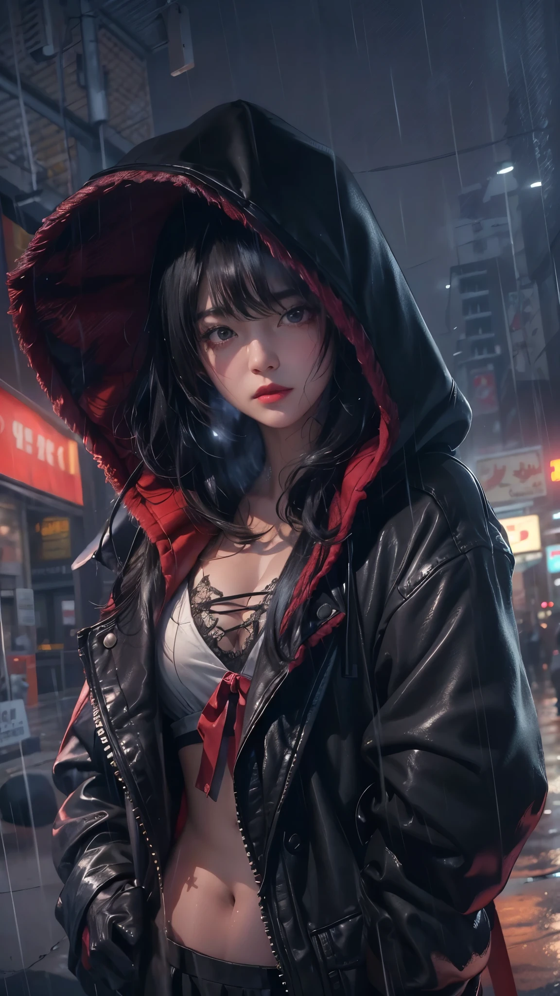 ((8k,masterpiece,best quality,Super detailed,Realistically)),extremely detailed face,Movie Lighting,Movie Lighting,Ray Tracing,Unlit Hair, On cloudy streets,Corner store,bus stop,rainstorm、heavy rain,Girl with long black hair and black eyes.。(She was wearing a red fur-trimmed hooded jacket,White top,Short black skirt and black garter belt,clothes soaked by rain,Black exposure,outdoor depth tent ),Cinema lens lighting